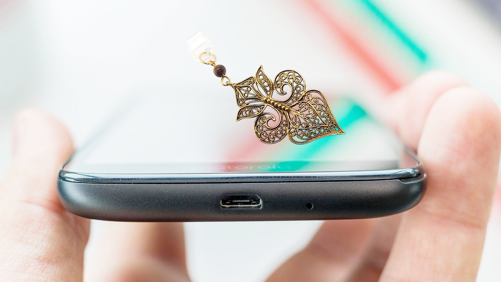 Gold & Tiger Eye Gemstone Beaded Dust Plug Phone Charm