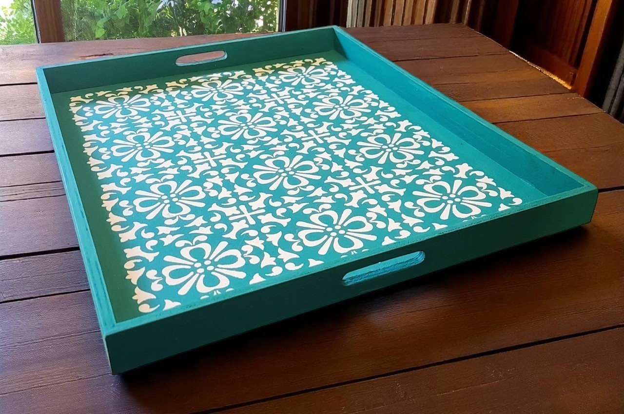 Hand Painted Teal Wooden Ottoman Tray