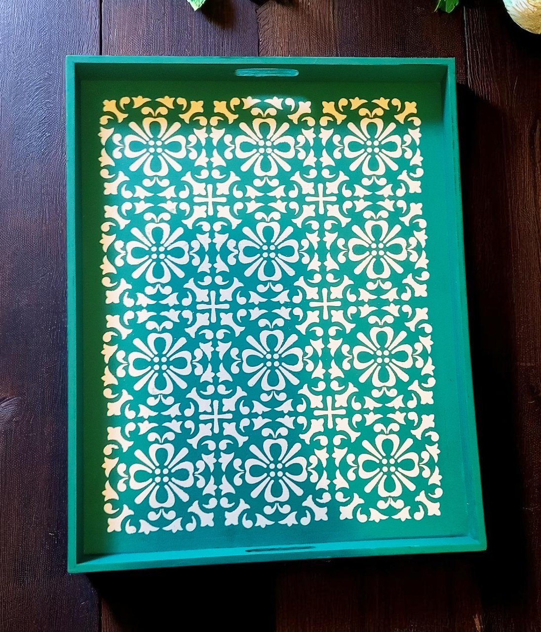 Hand Painted Teal Wooden Ottoman Tray