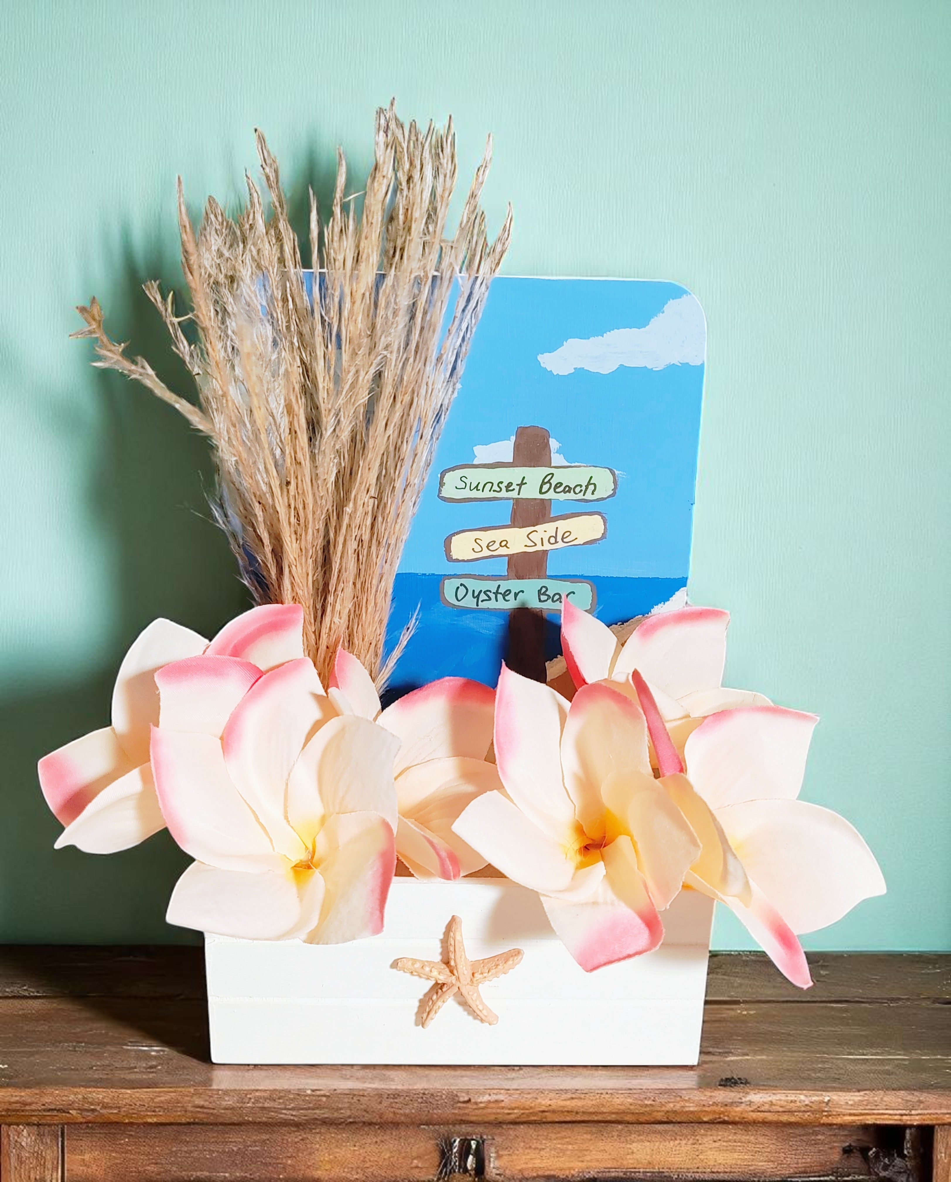Summer Beach Artificial Flower Arrangement in Wooden Hand Painted Planter