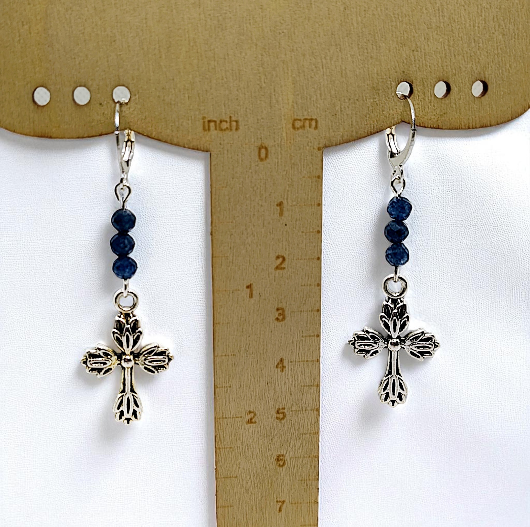 Christian Cross Sapphire Gemstone Dangle Earrings