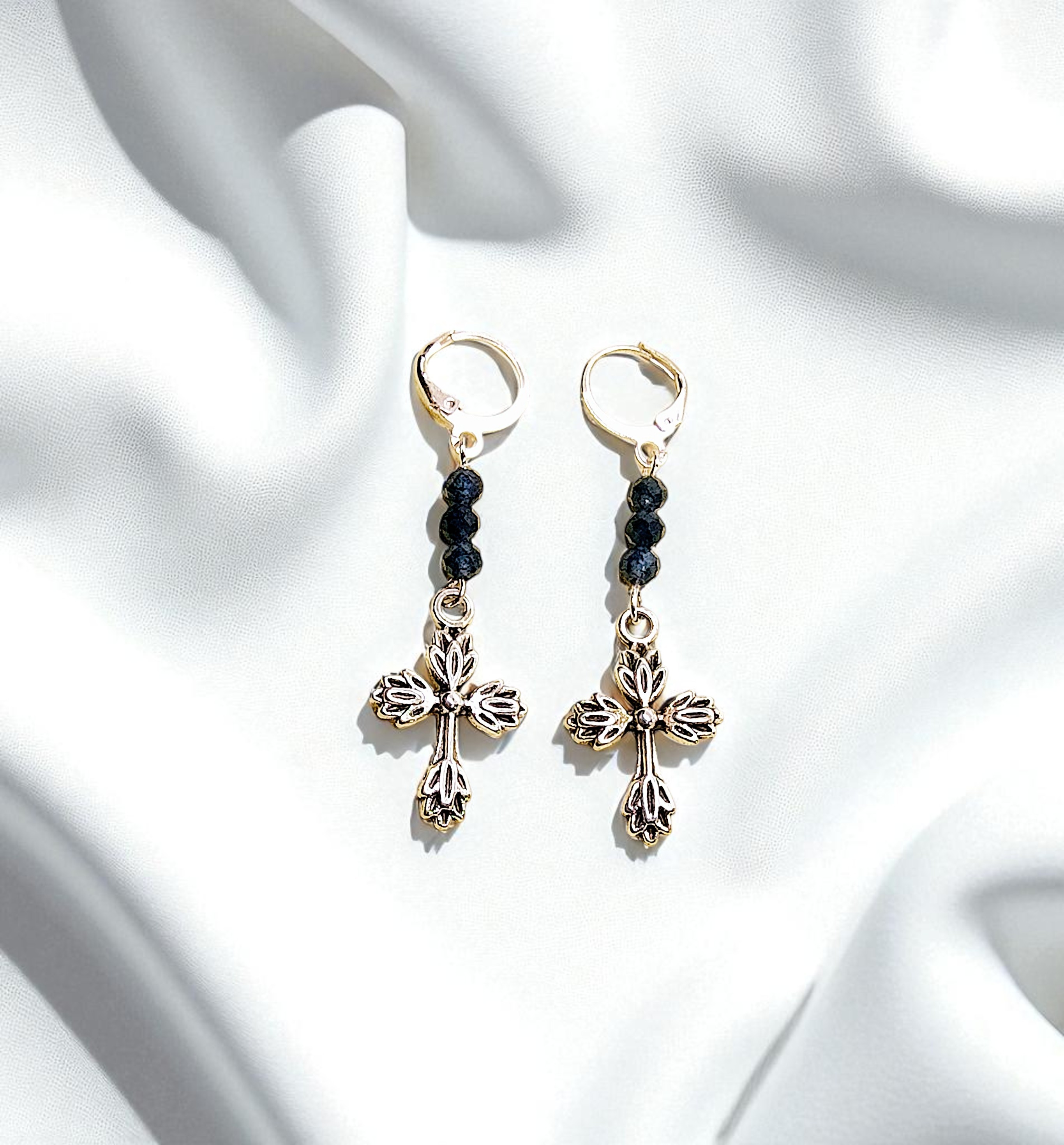 Christian Cross Sapphire Gemstone Dangle Earrings