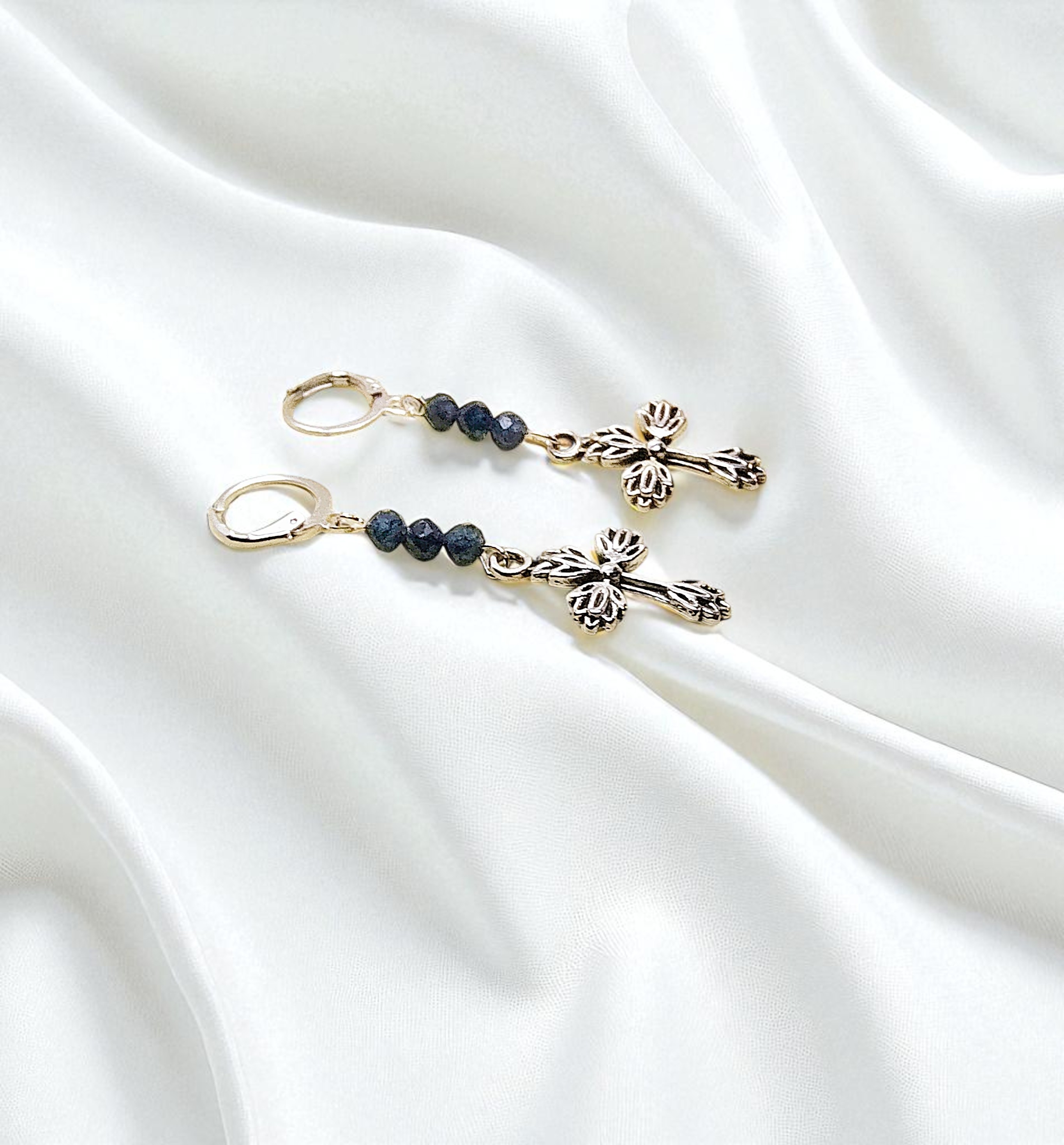 Christian Cross Sapphire Gemstone Dangle Earrings