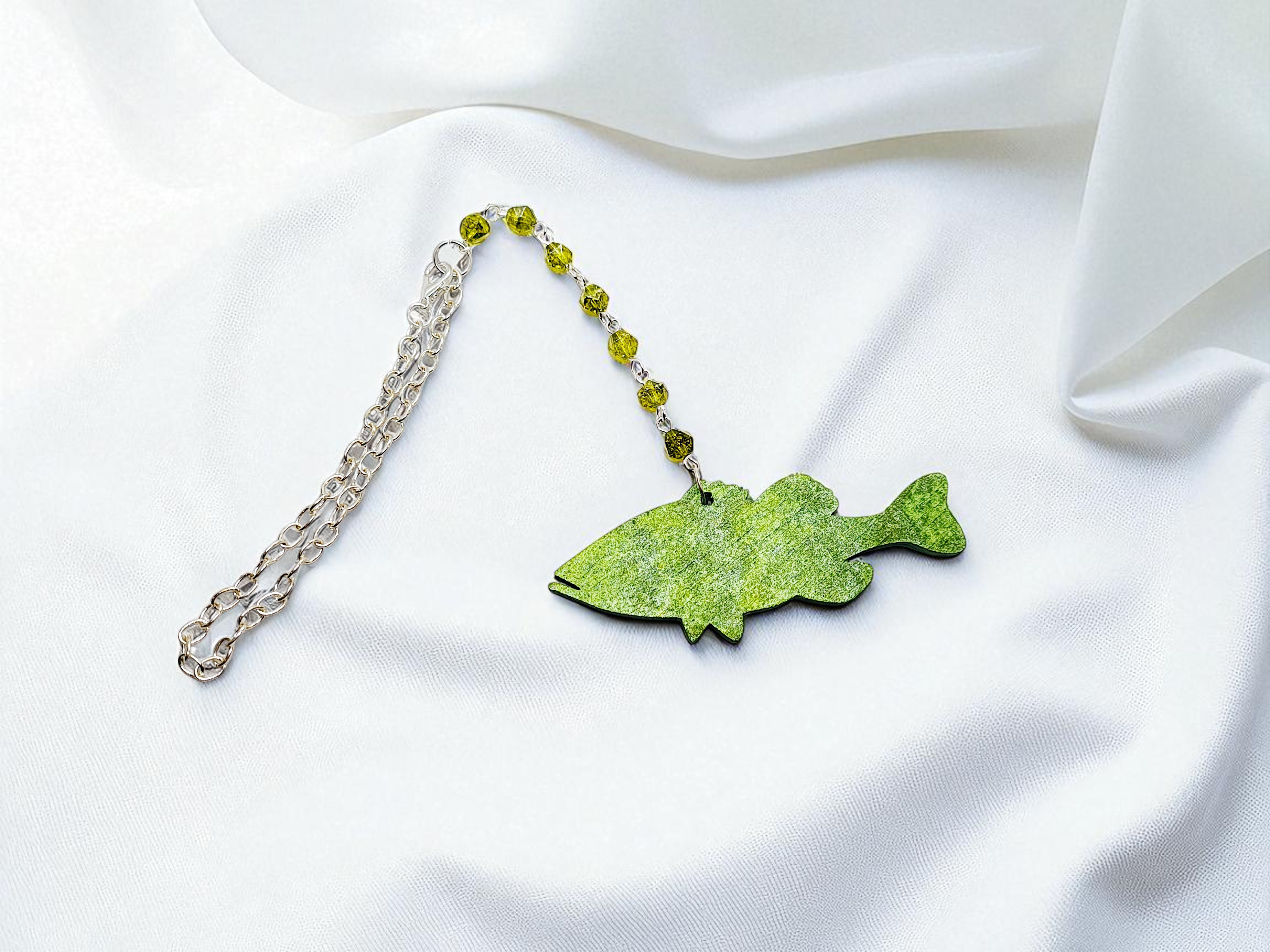 Wooden Bass Fish & Peridot Gemstone Hanging Rear View Mirror Car Charm