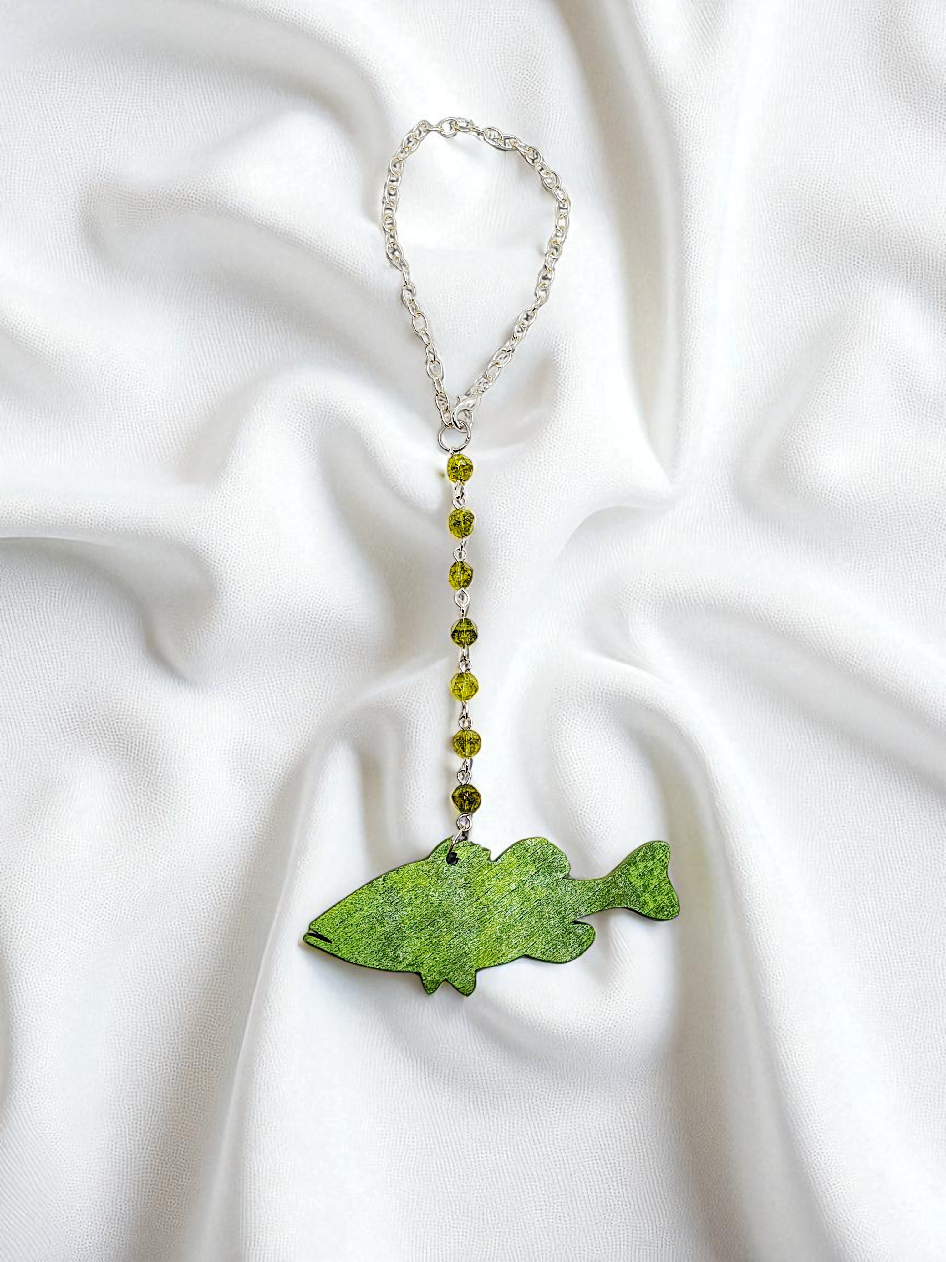 Wooden Bass Fish & Peridot Gemstone Hanging Rear View Mirror Car Charm