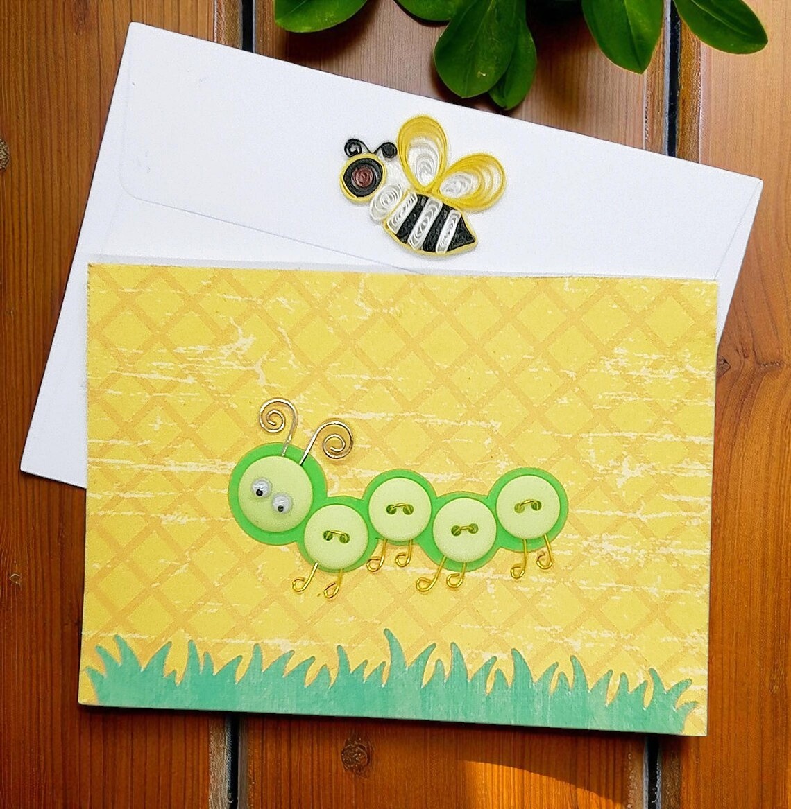 Handmade Button Caterpillar Spring Greeting Card 