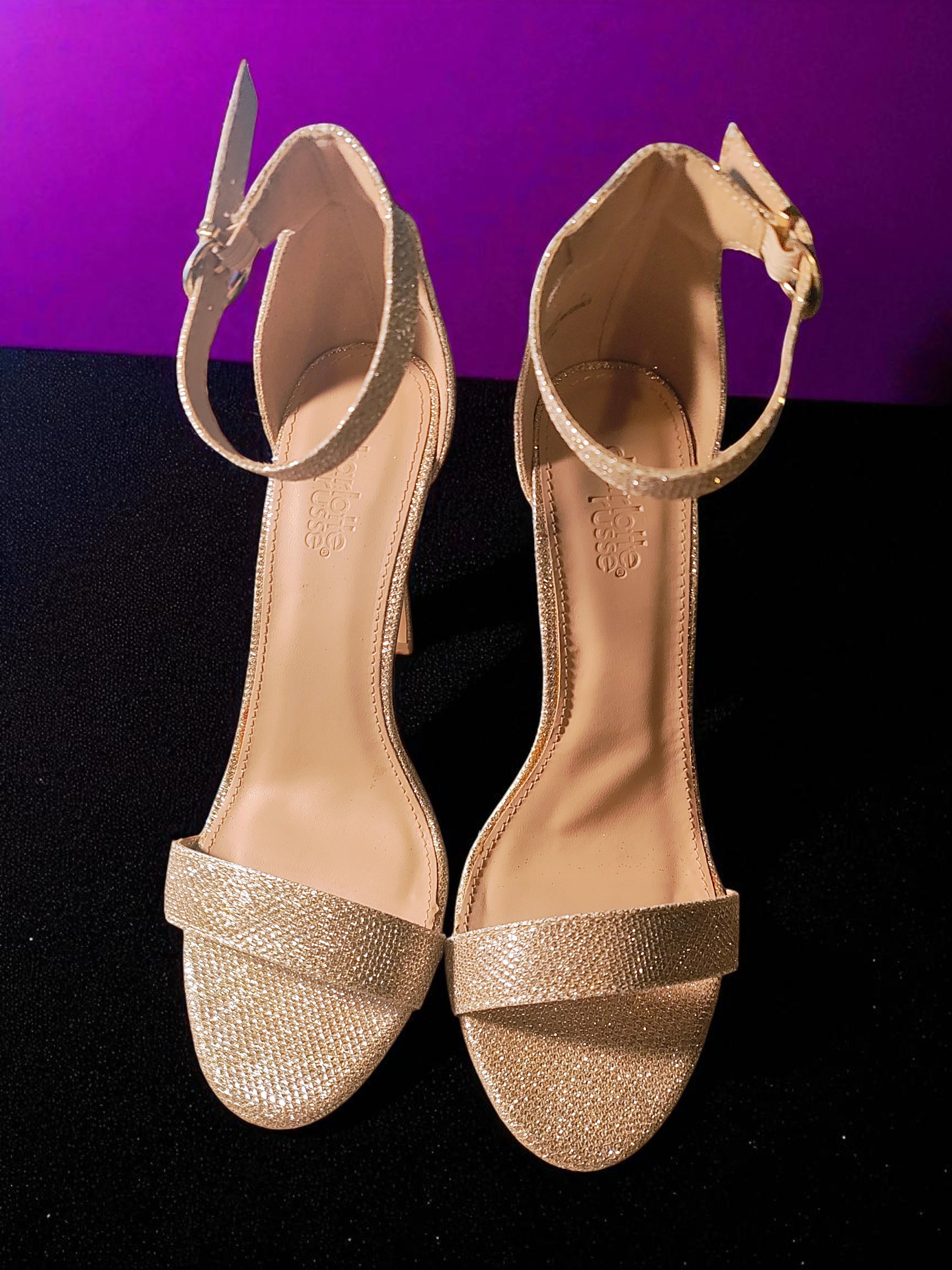 Charlotte Russe Glitter Beige Gold 4.5" Stiletto High Heels with Ankle Strap
