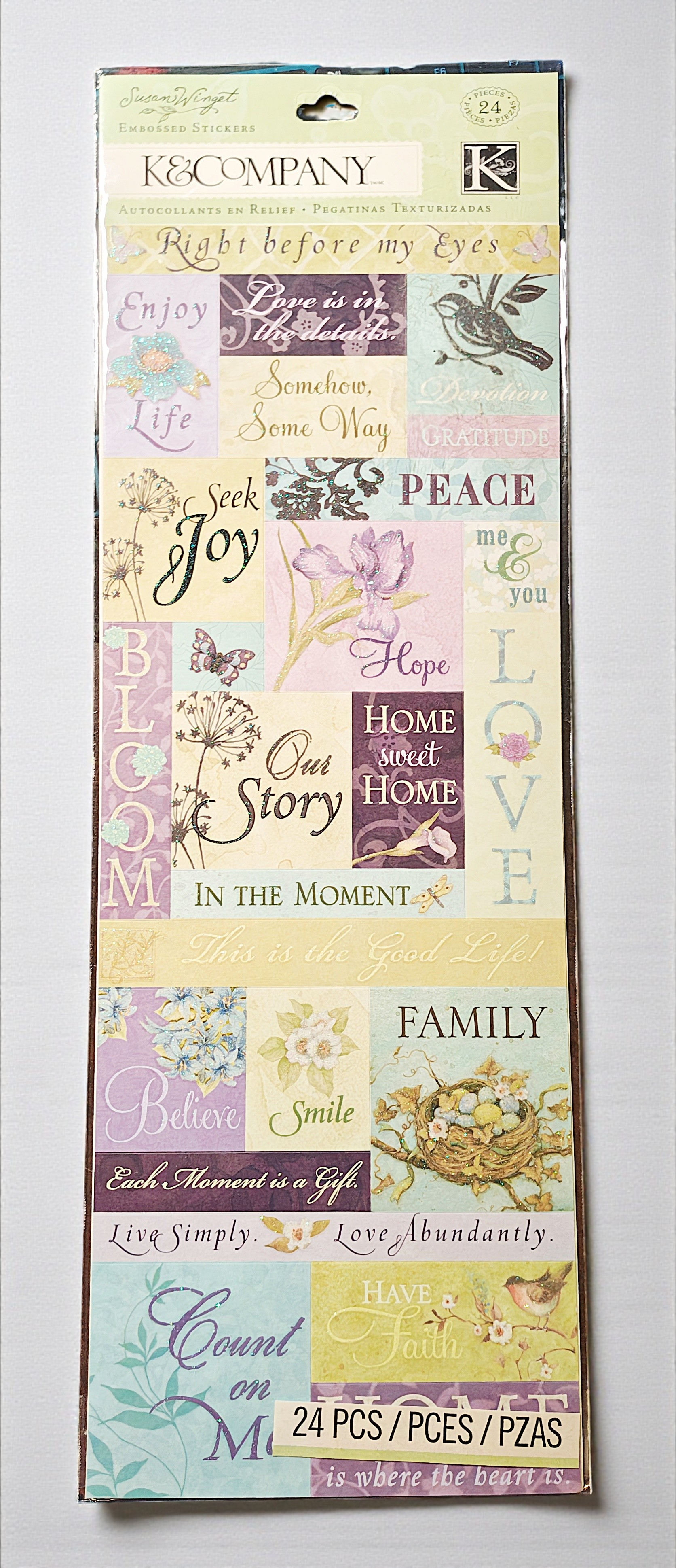 K&Company Susan Winget Embossed Stickers – Inspirational Floral Quotes, 24 Pieces