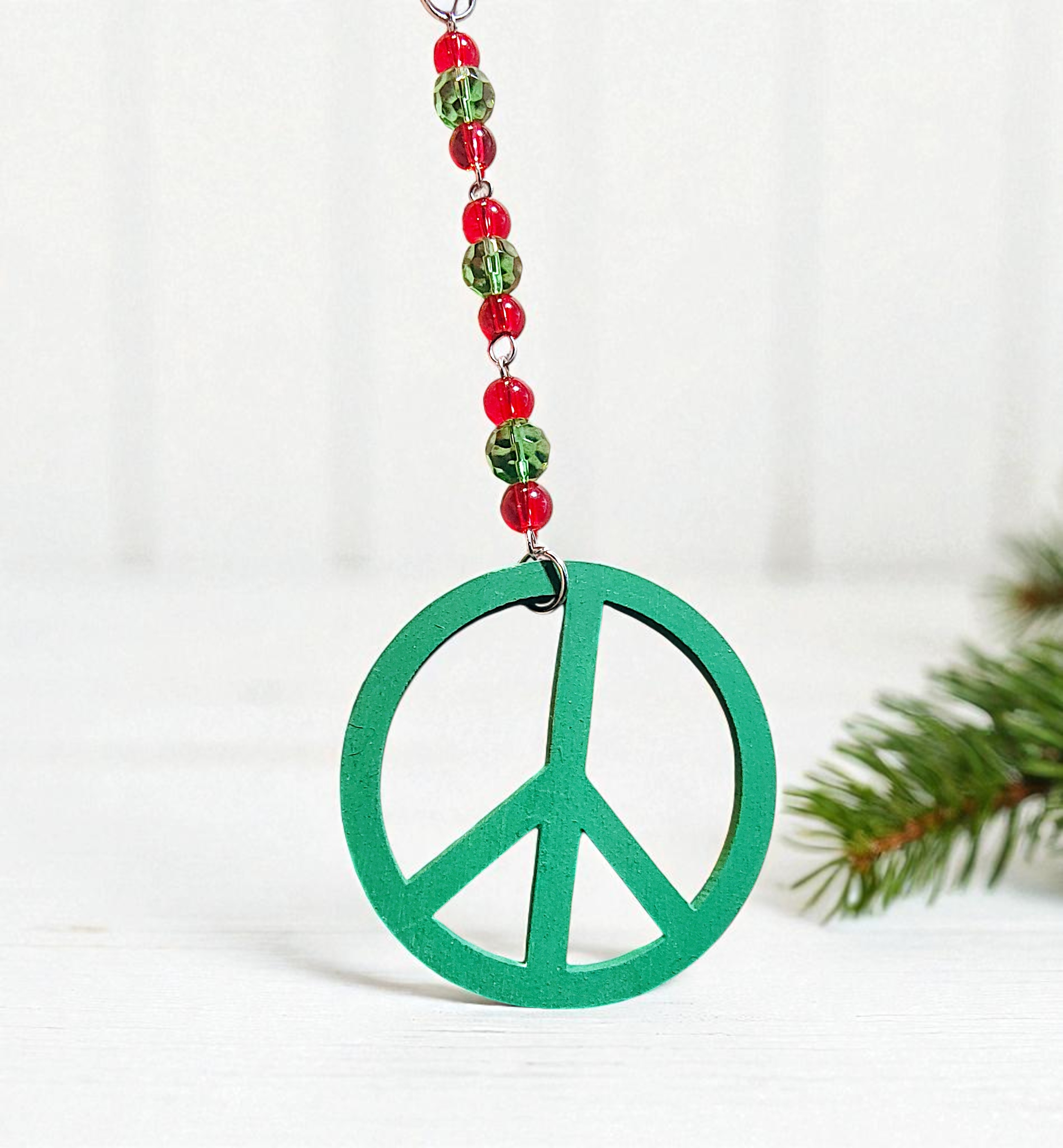Wood Beaded Peace Sign Holiday Ornament
