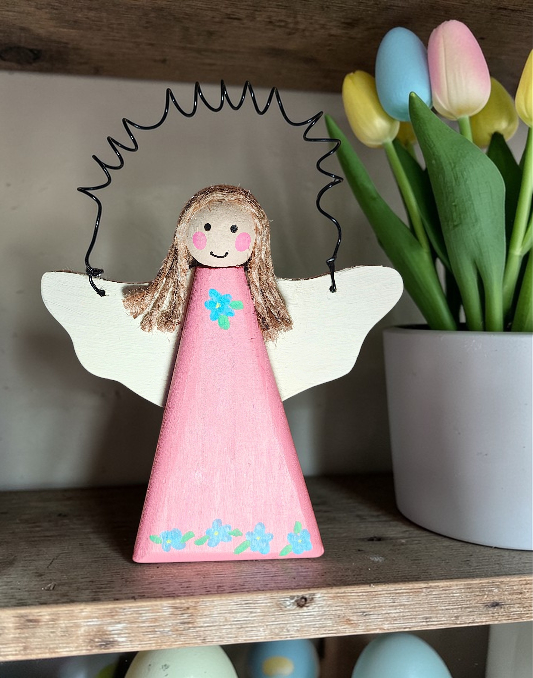 Wooden Spring Floral Angel Ornament