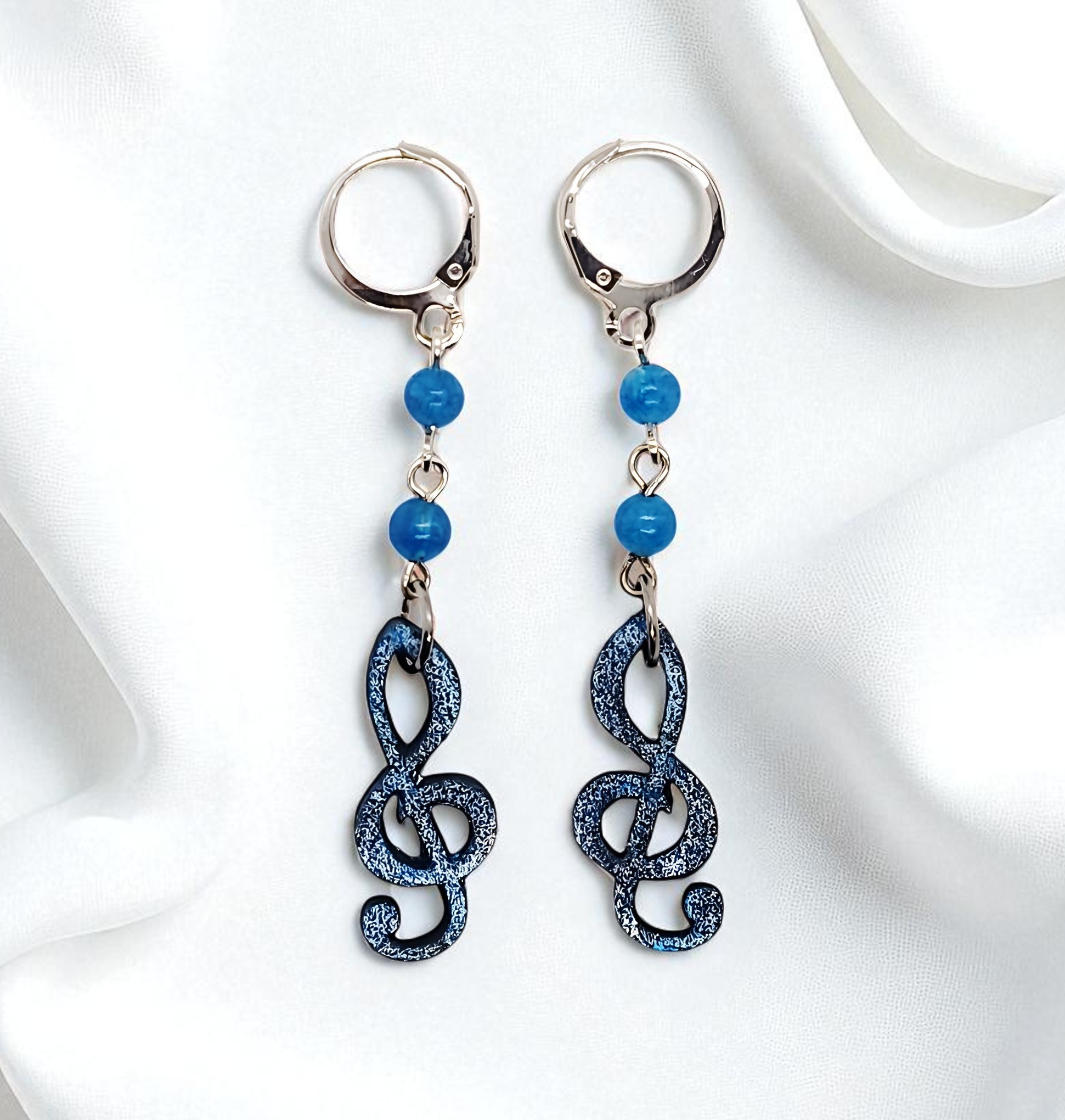 Wooden Treble Clef Gemstone Dangle Earrings 