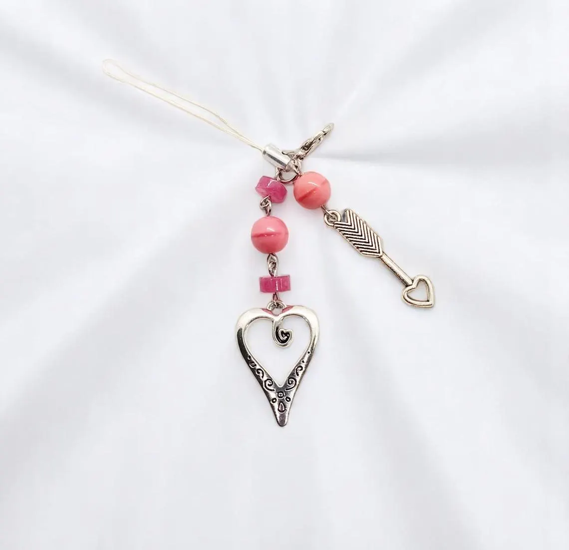 Hearts & Gemstone Beaded Cell Phone Strap Charm 