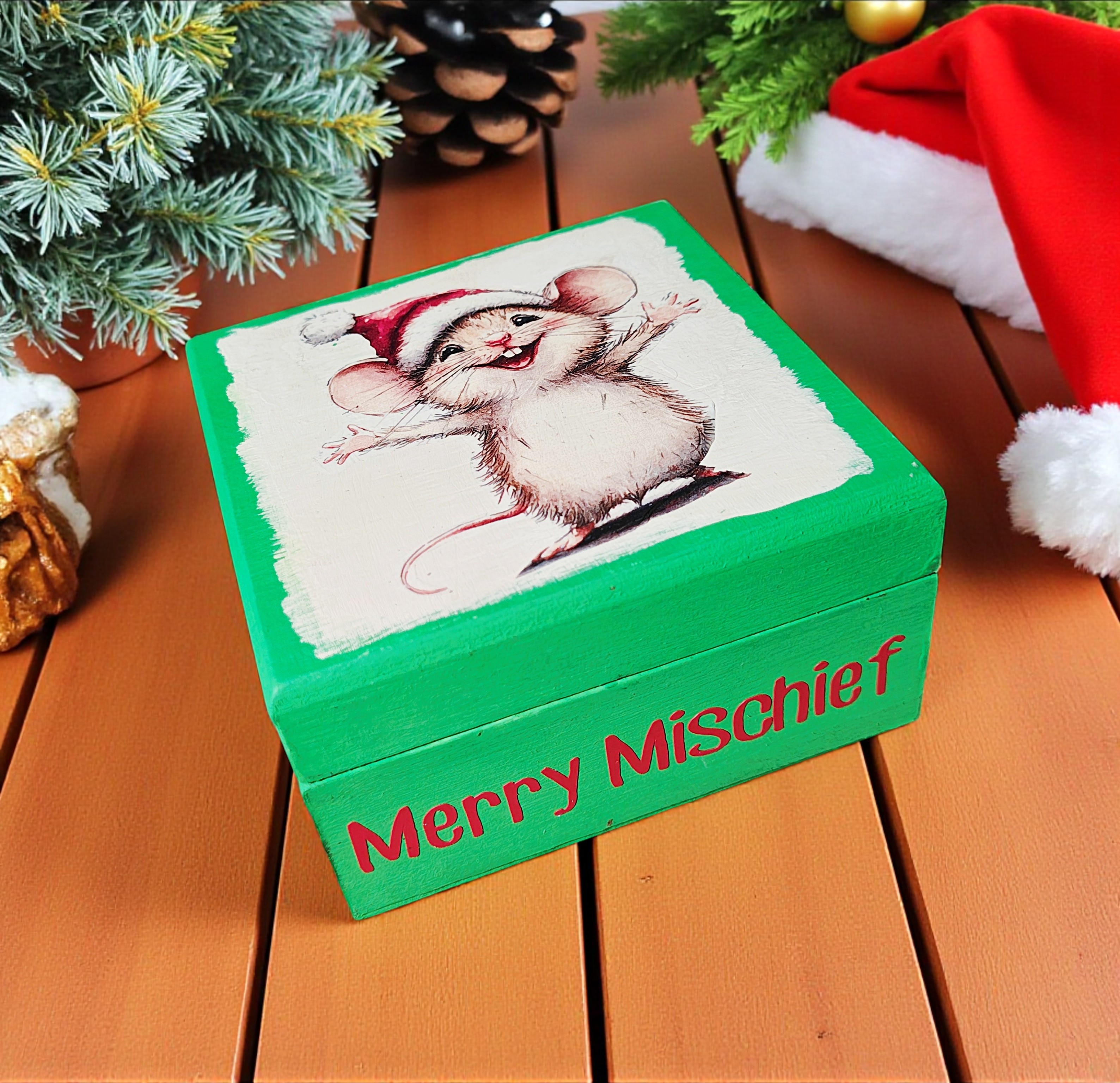 Small Wooden Merry Mischief Christmas Mouse Gift Box