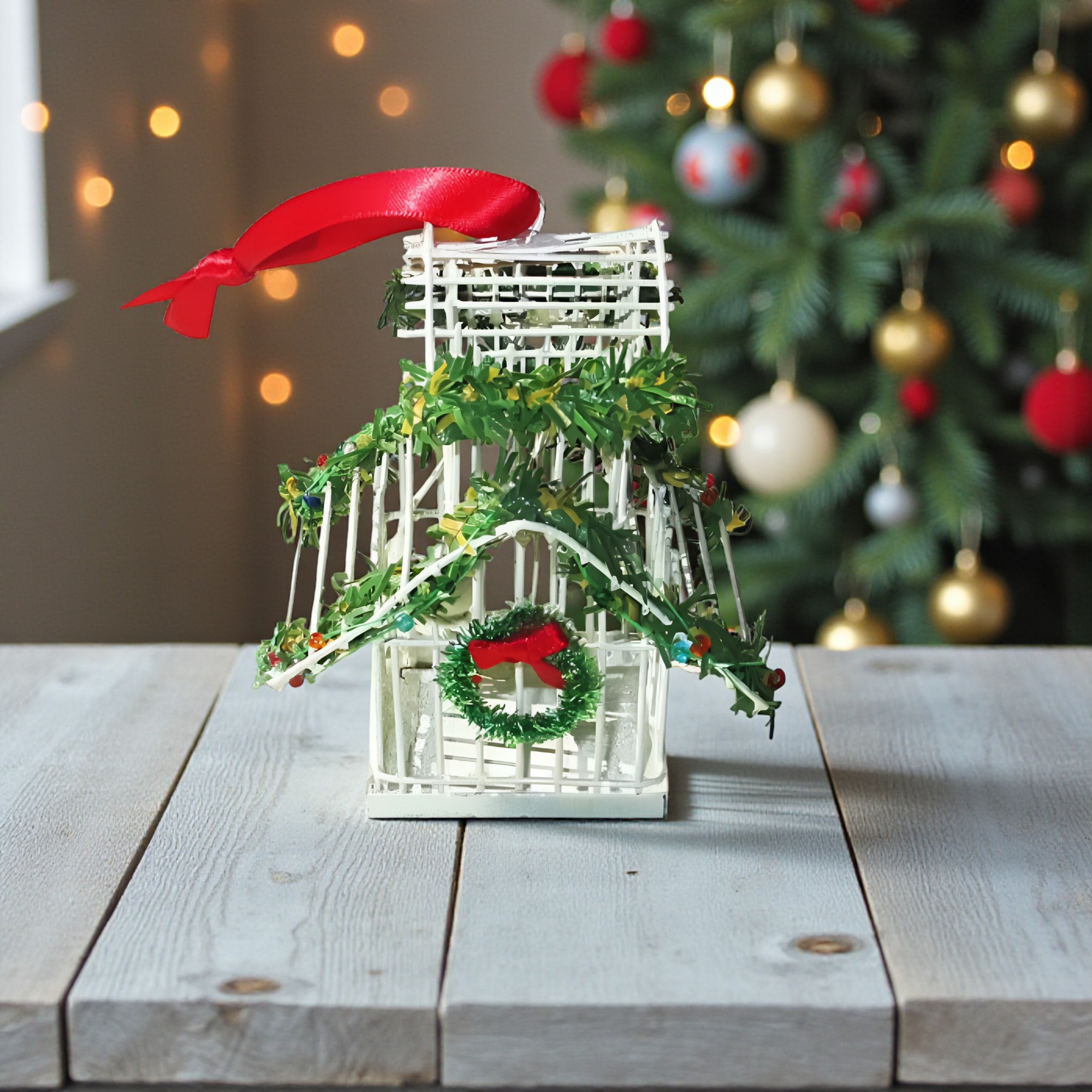 White Wire Bird Cage Christmas Tree Ornament 