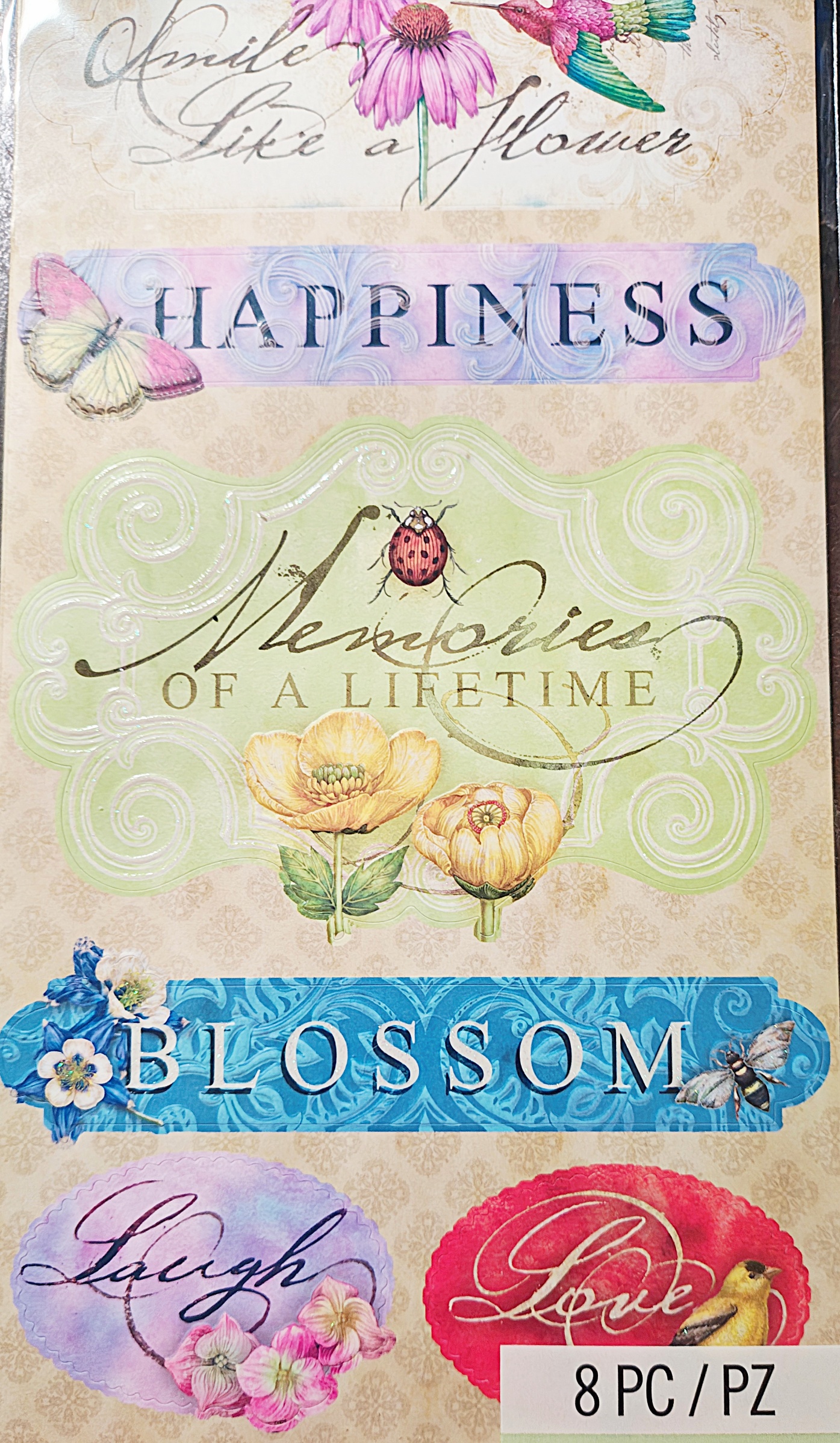 K&Company Tim Coffey Embossed Phrase Stickers – “A Wonderful Journey” Collection, 8 Pieces