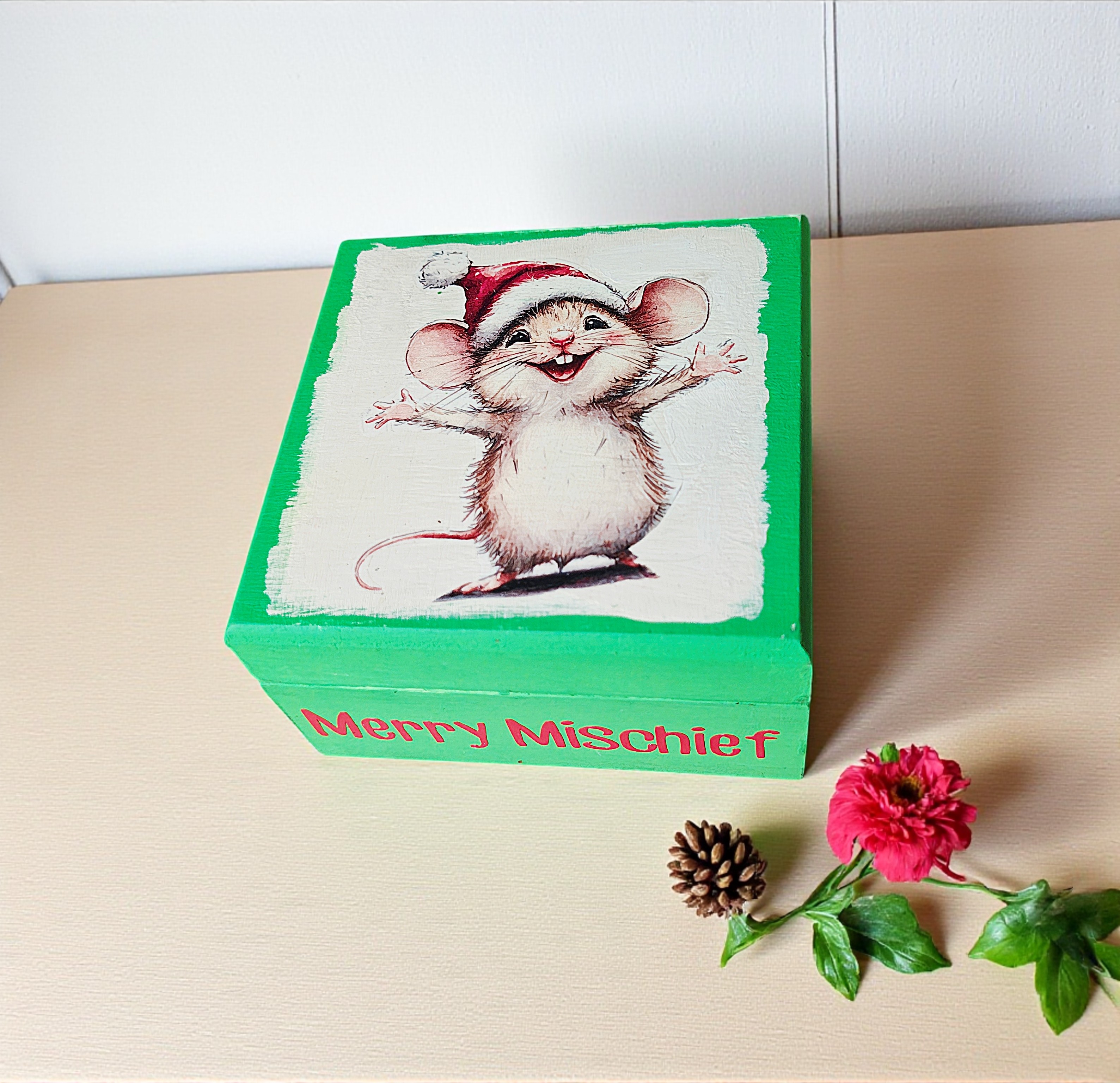 Small Wooden Merry Mischief Christmas Mouse Gift Box