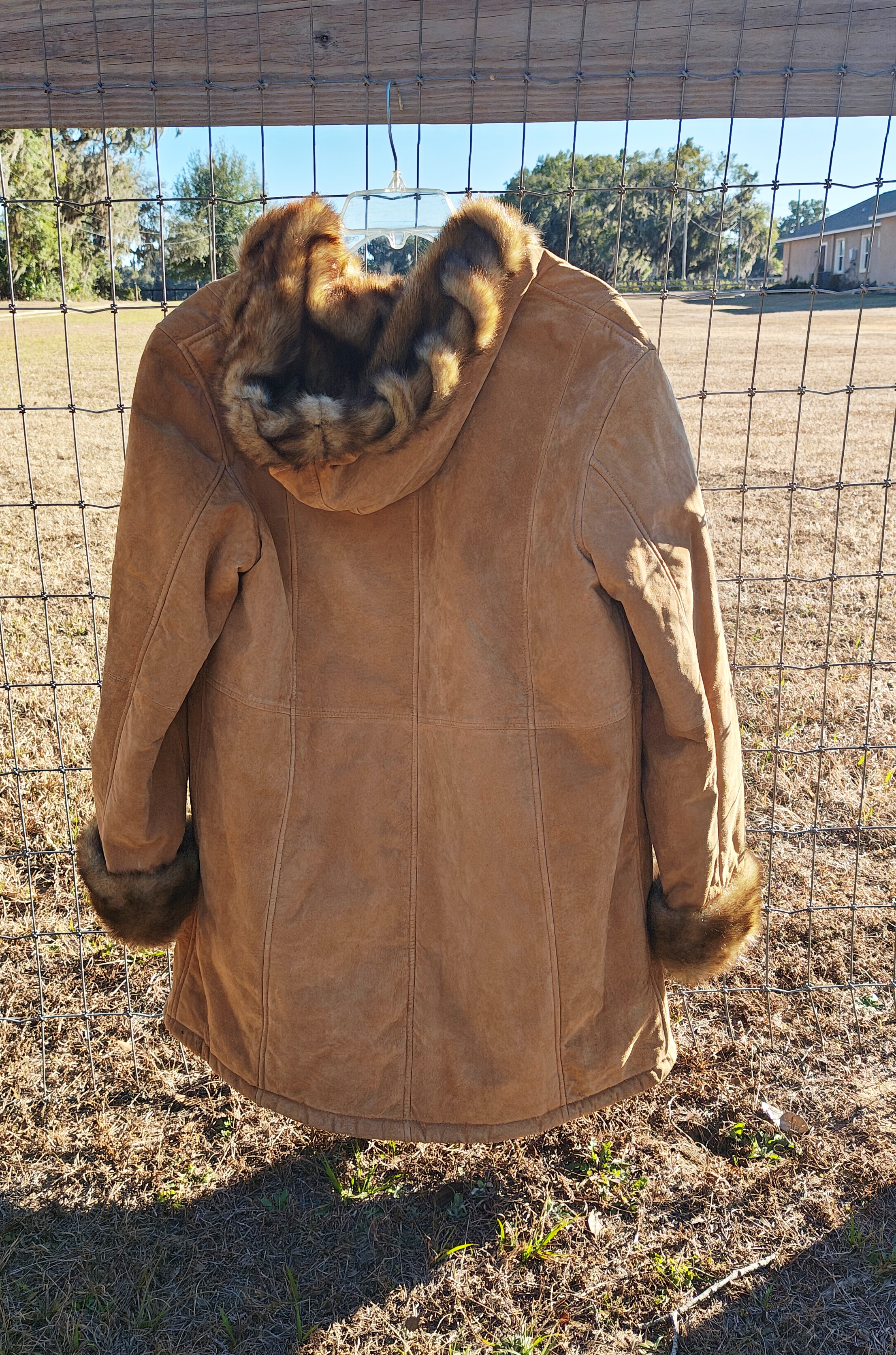 Vintage Medium DENNIS BASSO Tan Brown Suede Leather & Faux Fur Long Button Down Hooded Winter Coat