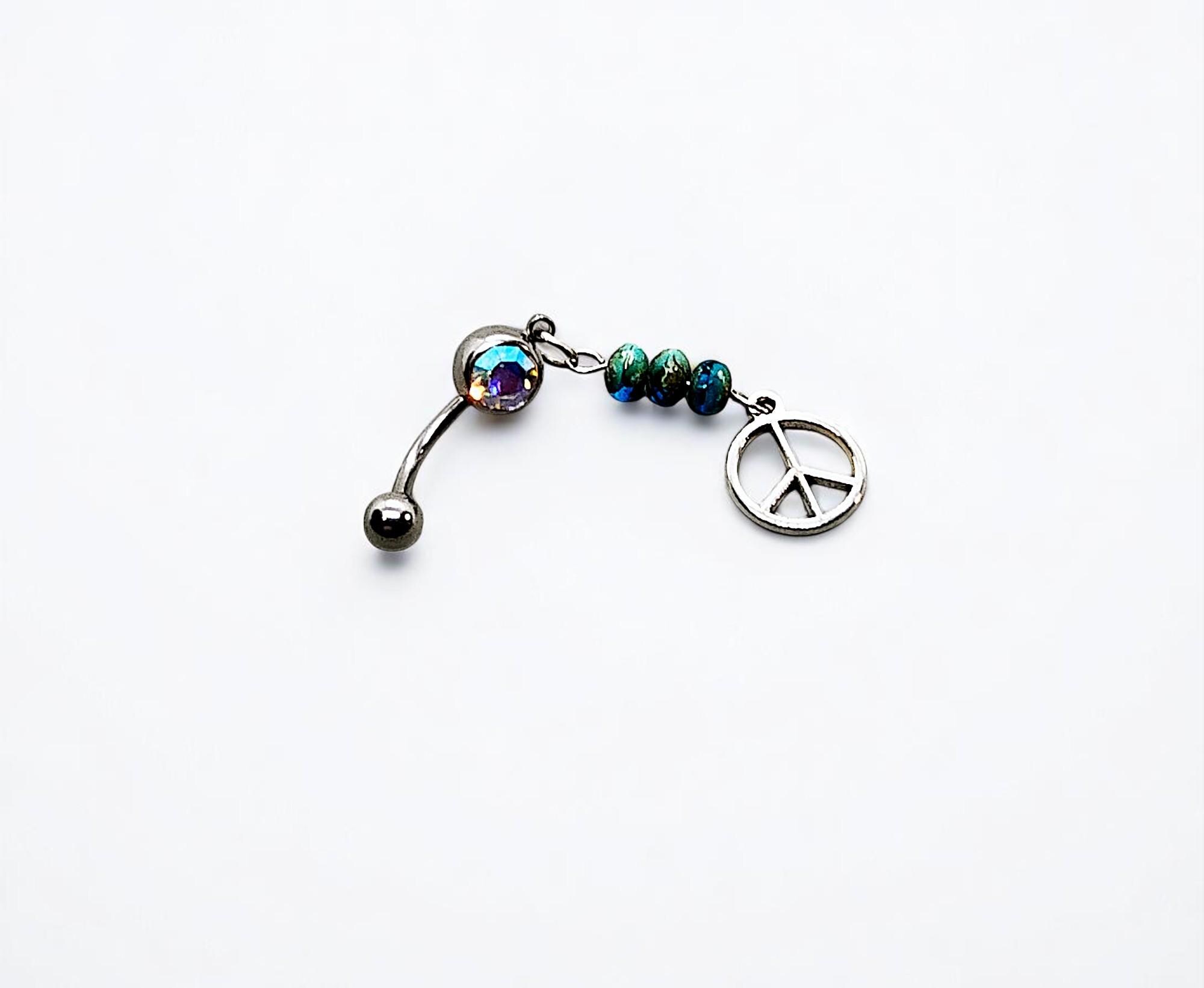 Peace Sign Beaded Dangle Belly Button Ring Body Jewelry - 14 G