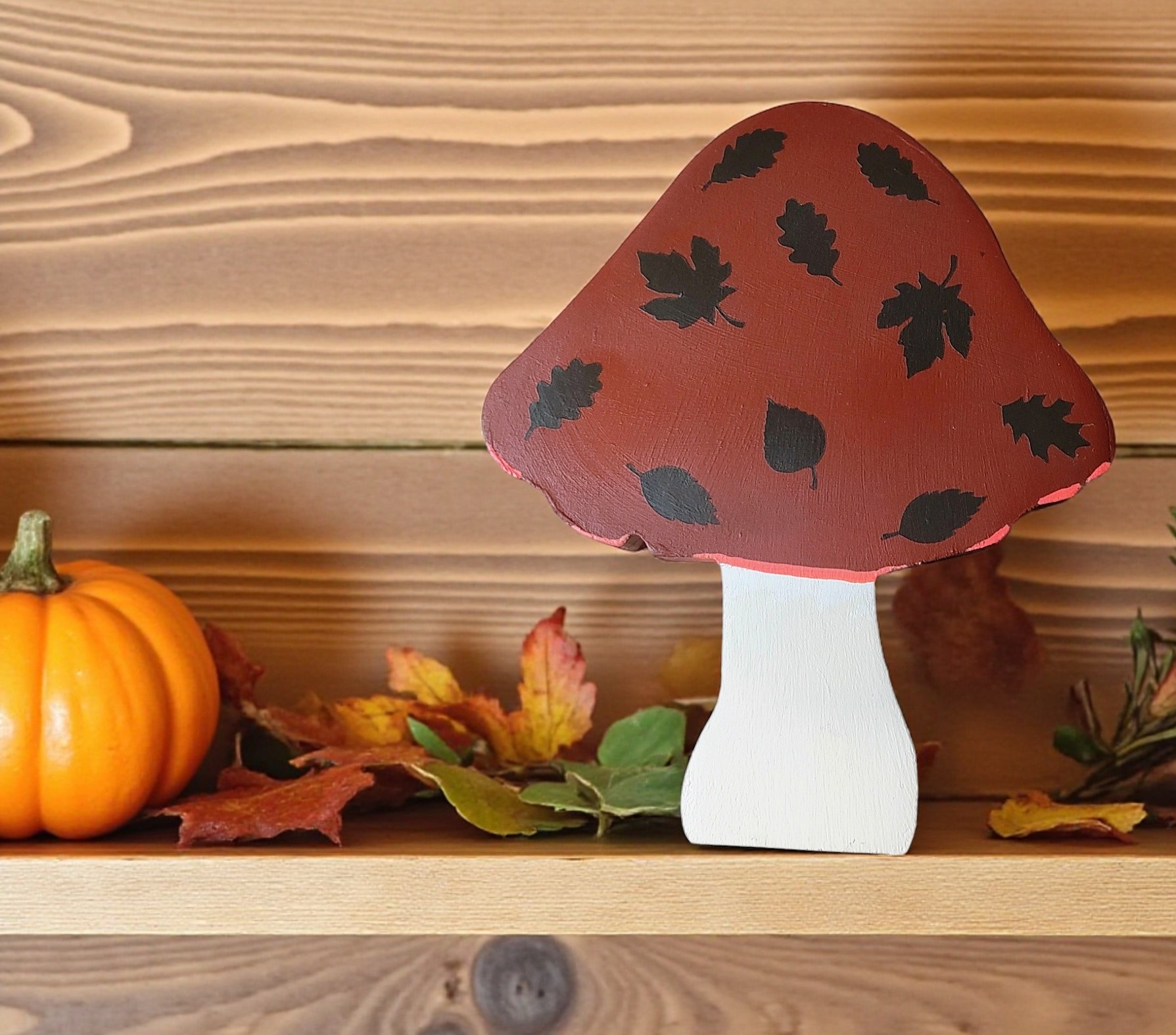 Free Standing Wooden Autumn Leaves Mushroom Figurine