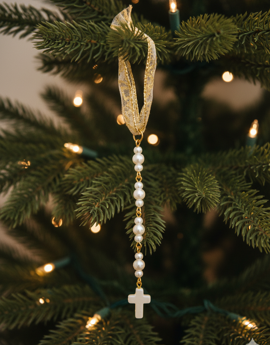 Christian Cross Pearl Beaded Icicle Accent Ornament - Handmade Collectible