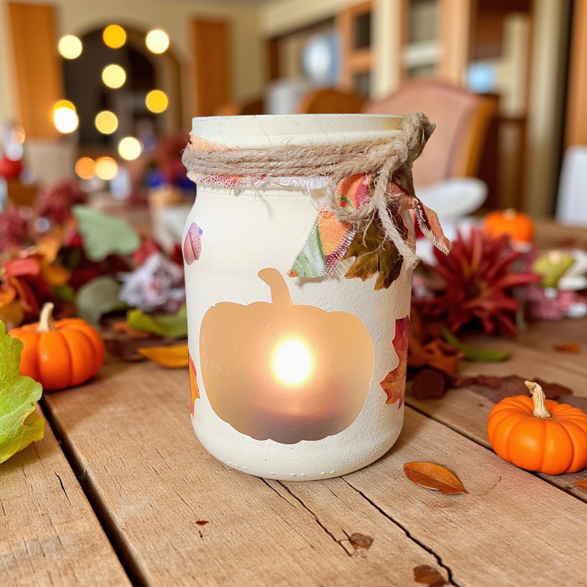 Pumpkin & Autumn Leaves Glass Jar Tealight Candle Holder