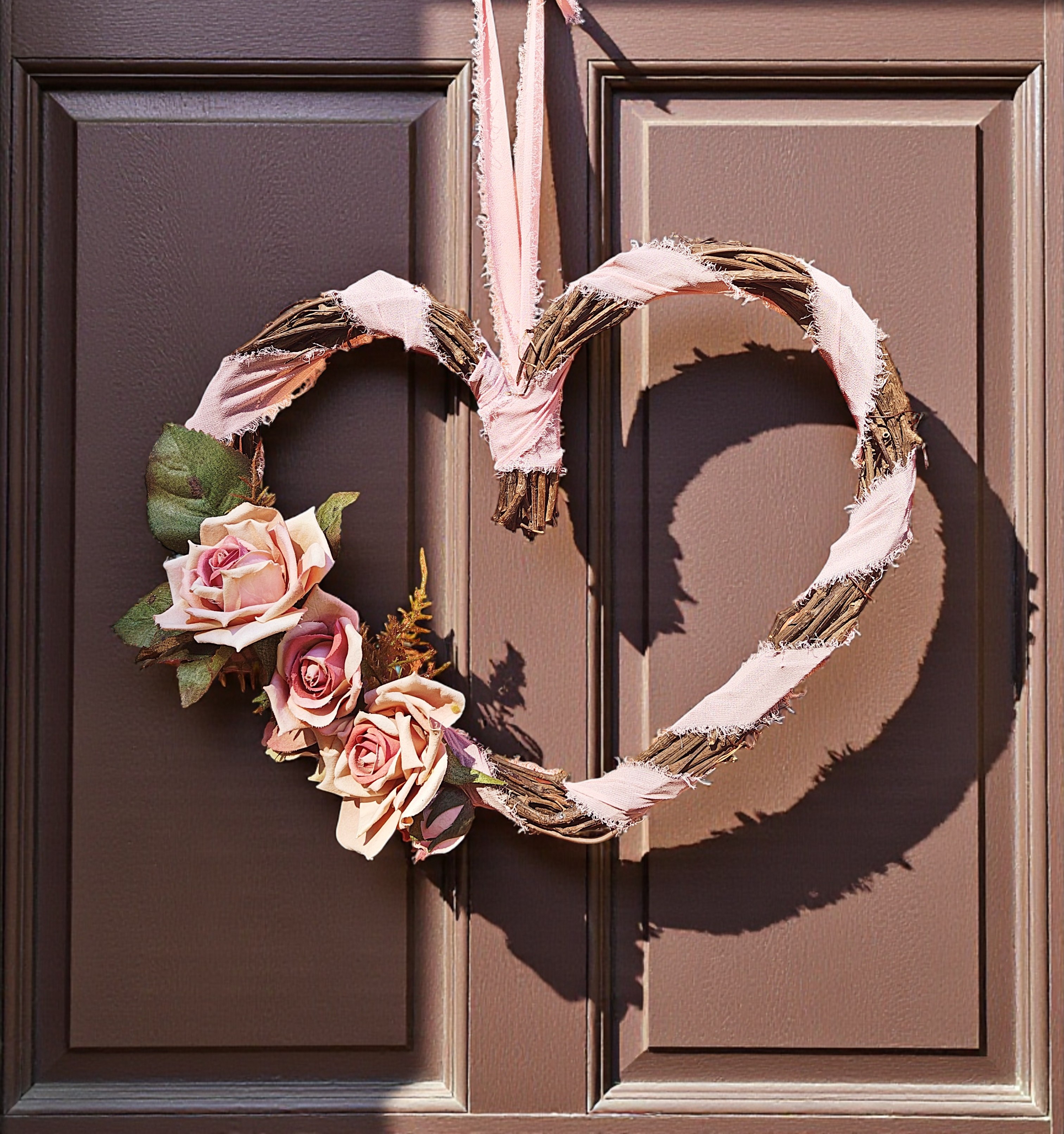 Shabby Chic Pink Rose Heart Shaped Front Door Wreath