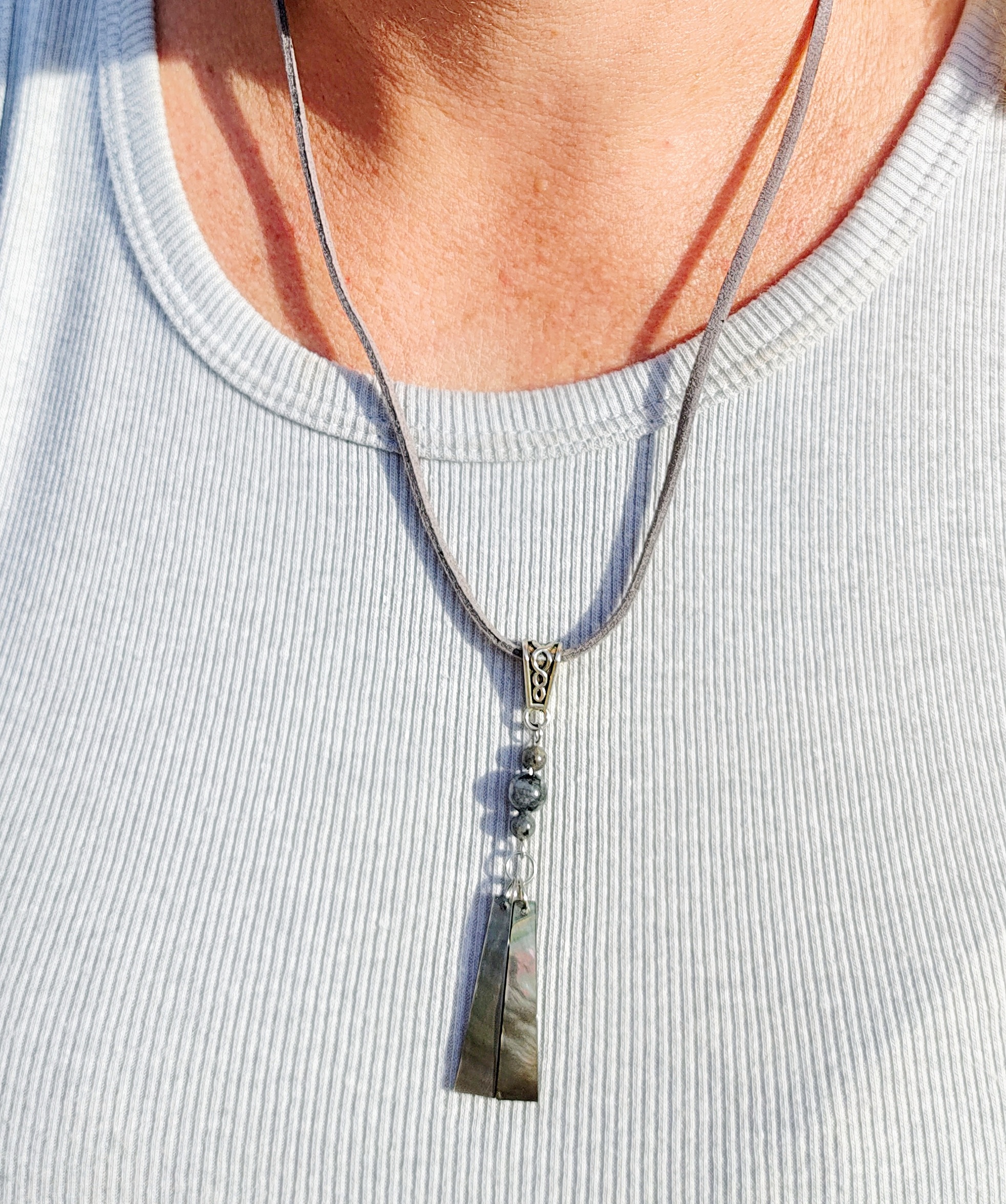 Abalone Shell Pendant on Gray Suede Cord Necklace