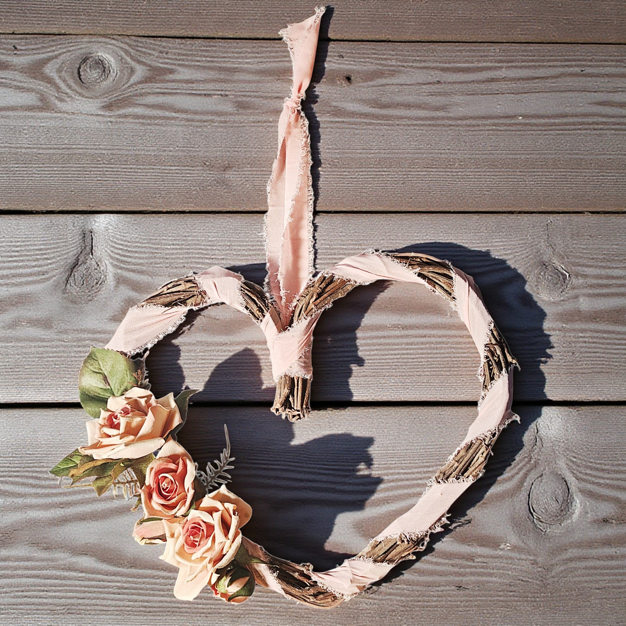 Shabby Chic Pink Rose Heart Shaped Front Door Wreath