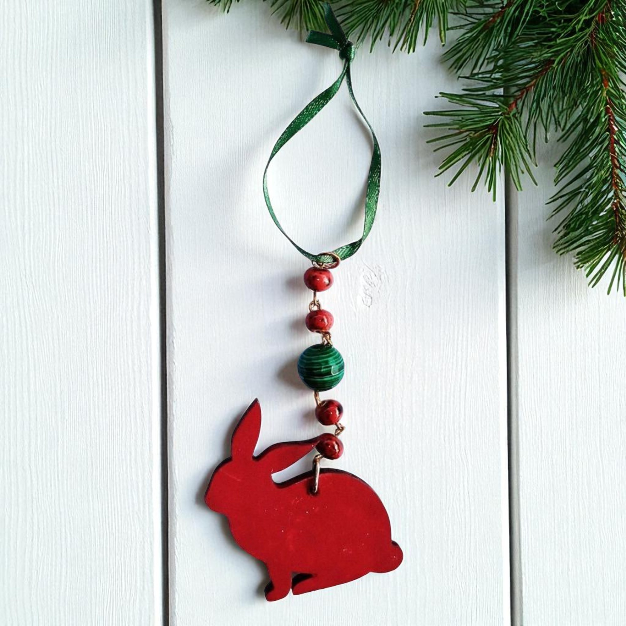 Handcrafted Wooden Rabbit Bunny Beaded Icicle Ornament