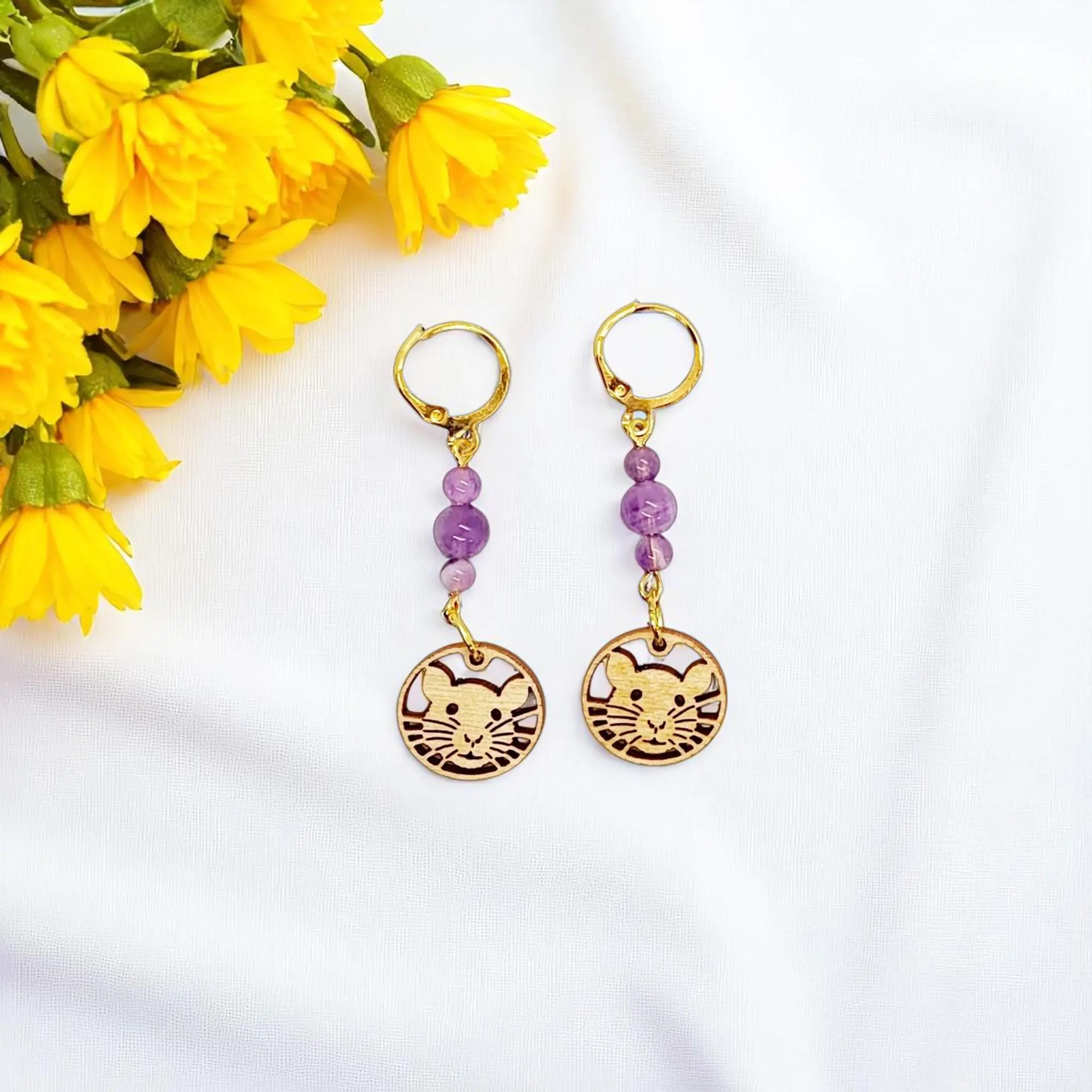 Handcrafted Cute Rat Wooden Rat Charm & Amethyst Gemstone Dangle Earrings