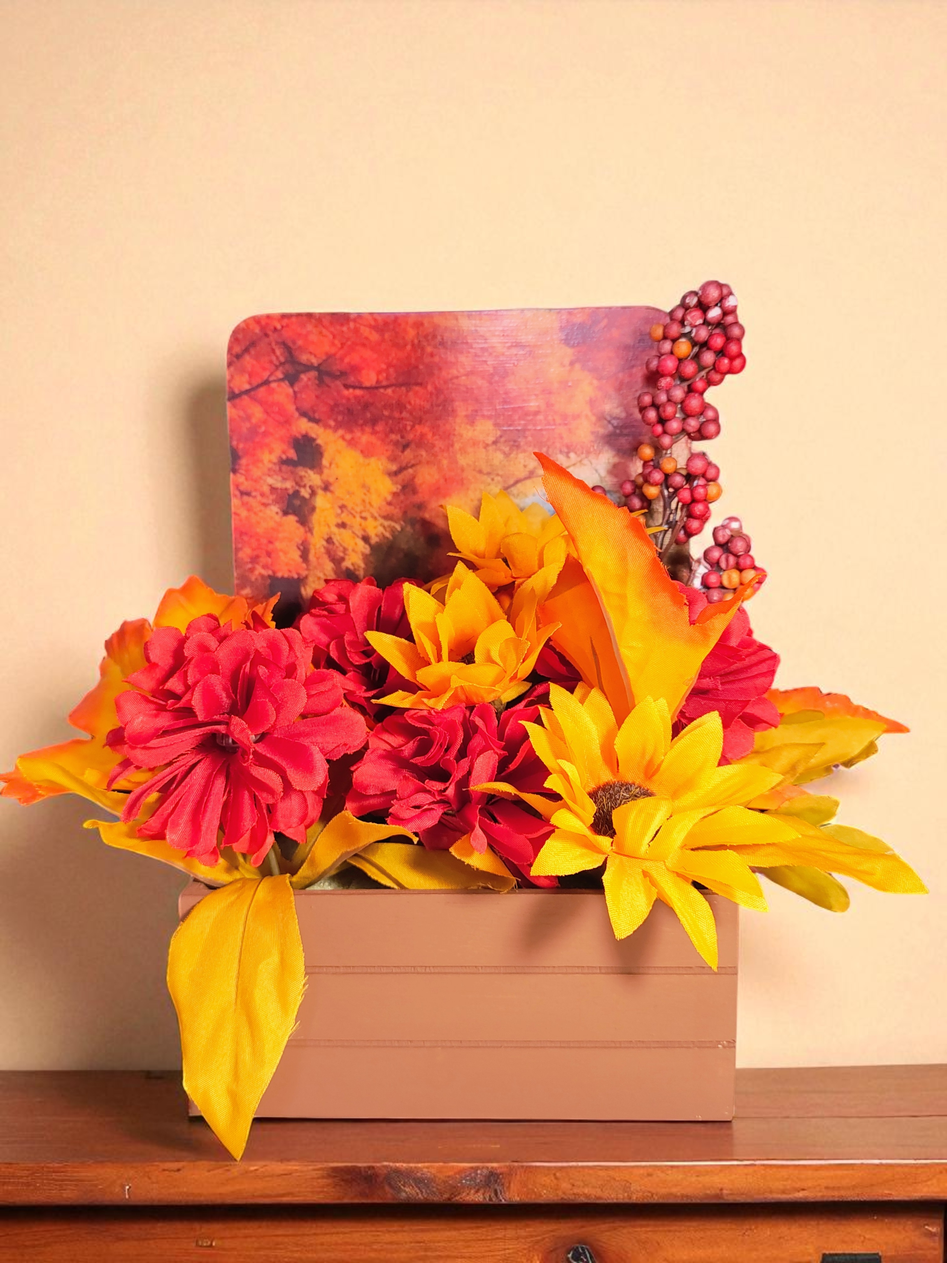 Autumn Harvest Flower Arrangement in Wooden Decoupaged Planter 