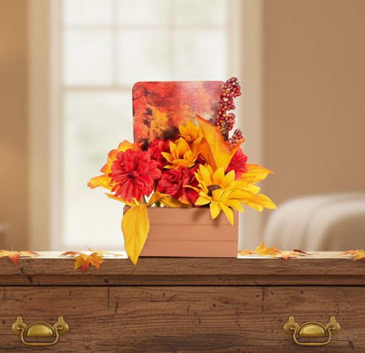 Autumn Harvest Flower Arrangement in Wooden Decoupaged Planter 
