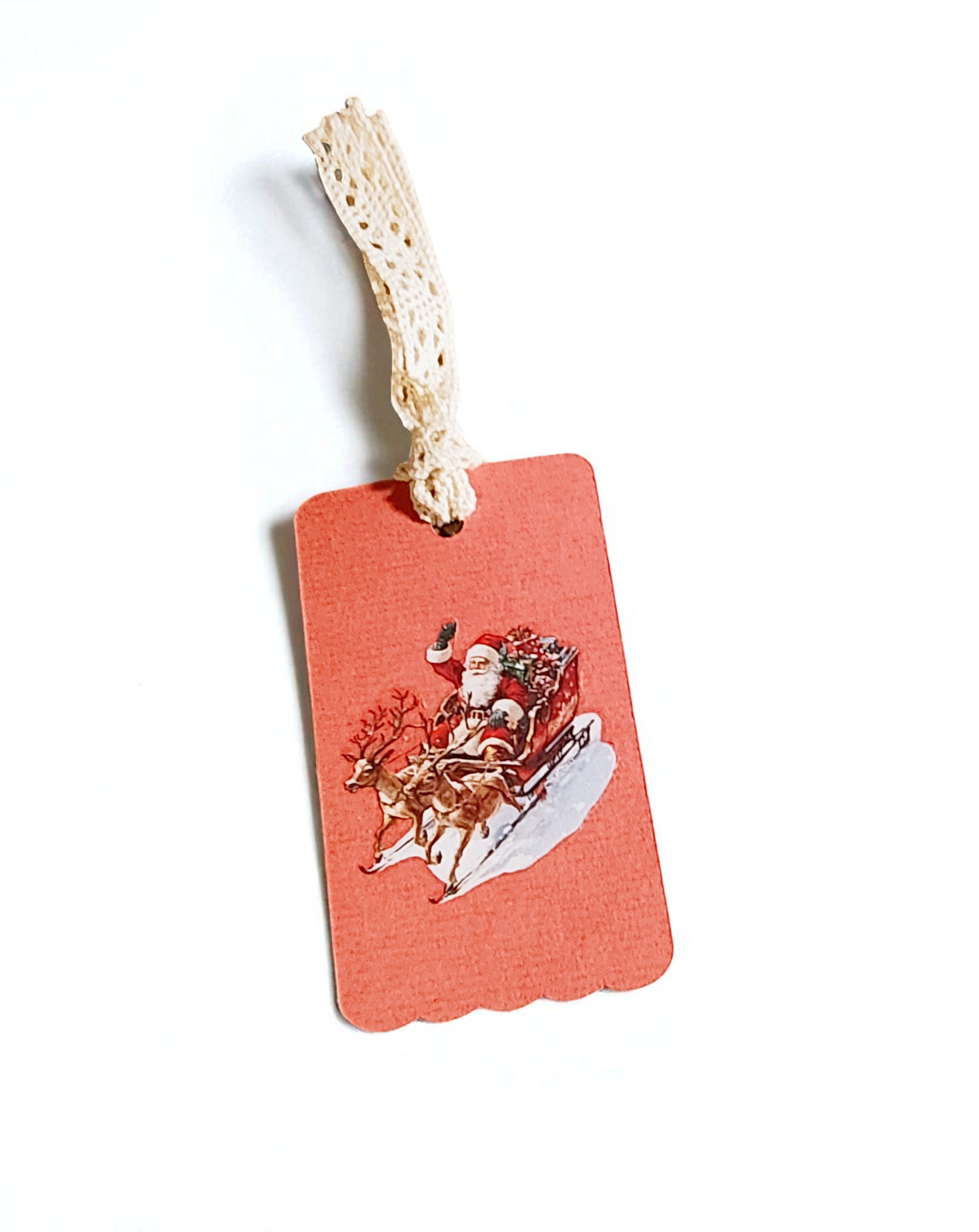 Handmade Retro Santa Christmas Gift Tags with Lace Ribbon - Set of 5