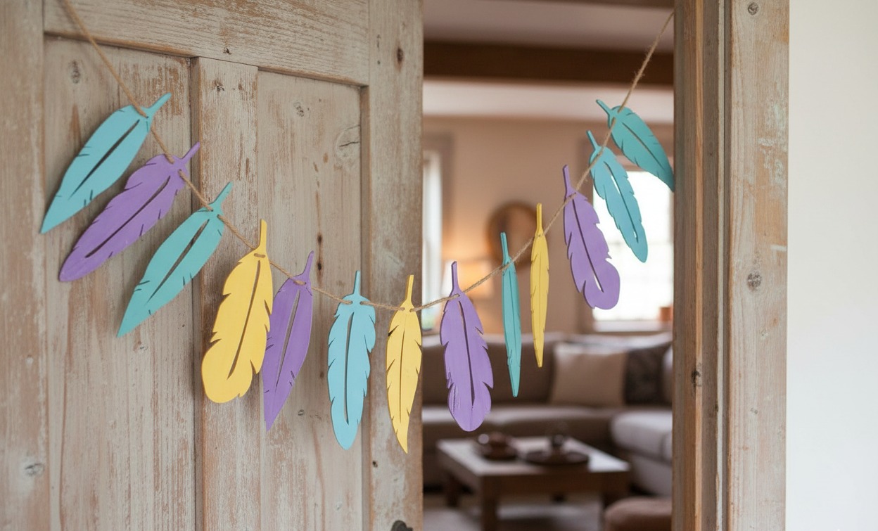 Whimsical Colorful Wooden Feather Flag Banner 