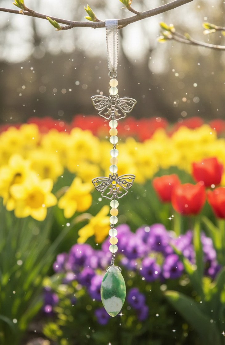 Hanging Beaded Green Gemstone Suncatcher with Butterflies