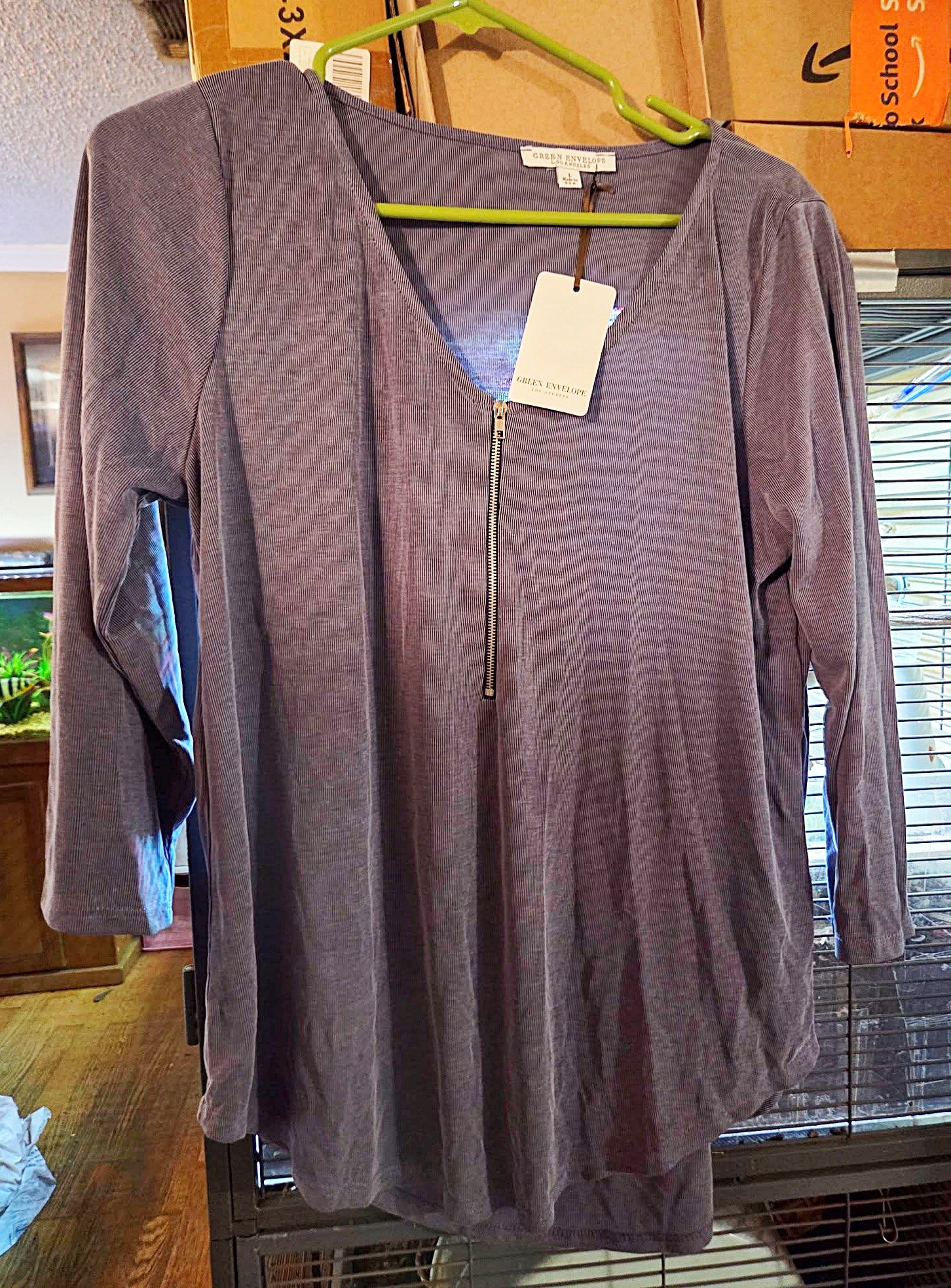 Green Envelope Los Angeles Women's Large Dusty Purple Ribbed Tunic Top Quarter Zip Long Sleeve Made in USA