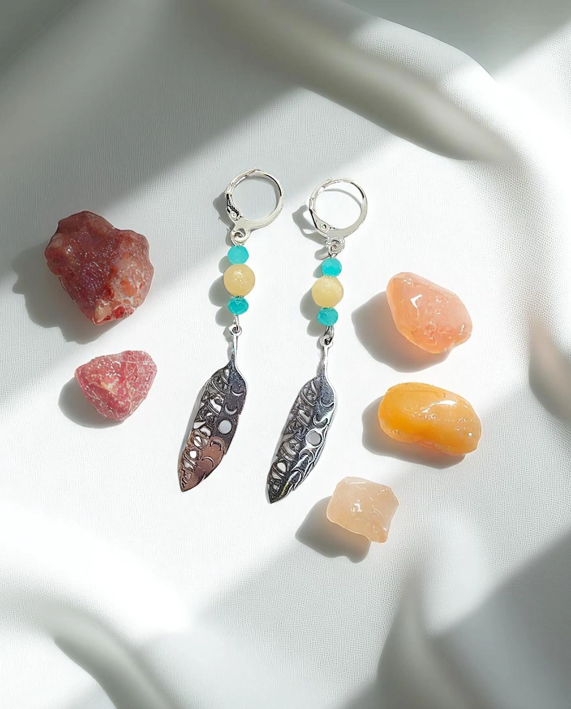Boho Feather Gemstone Dangle Earrings