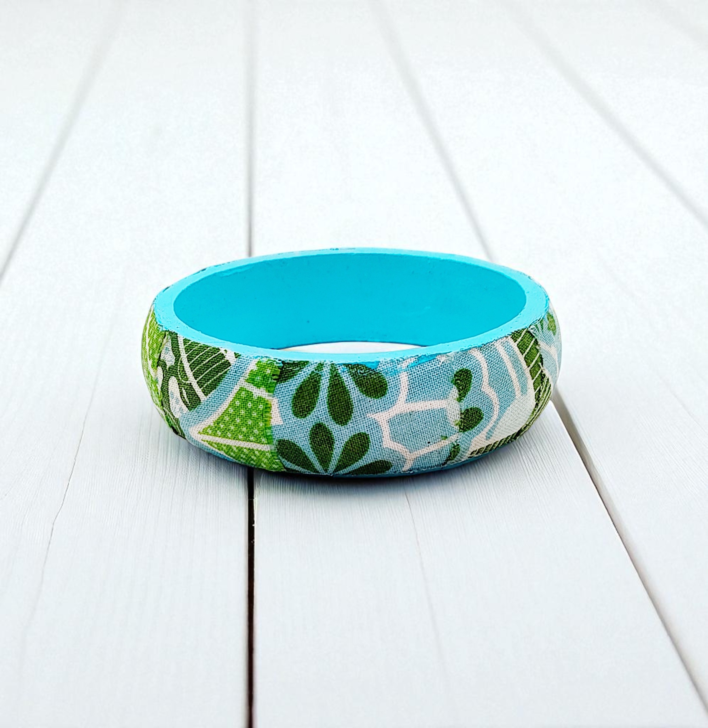 Retro Blue & Green Wood and Fabric-Covered Bangle Bracelet