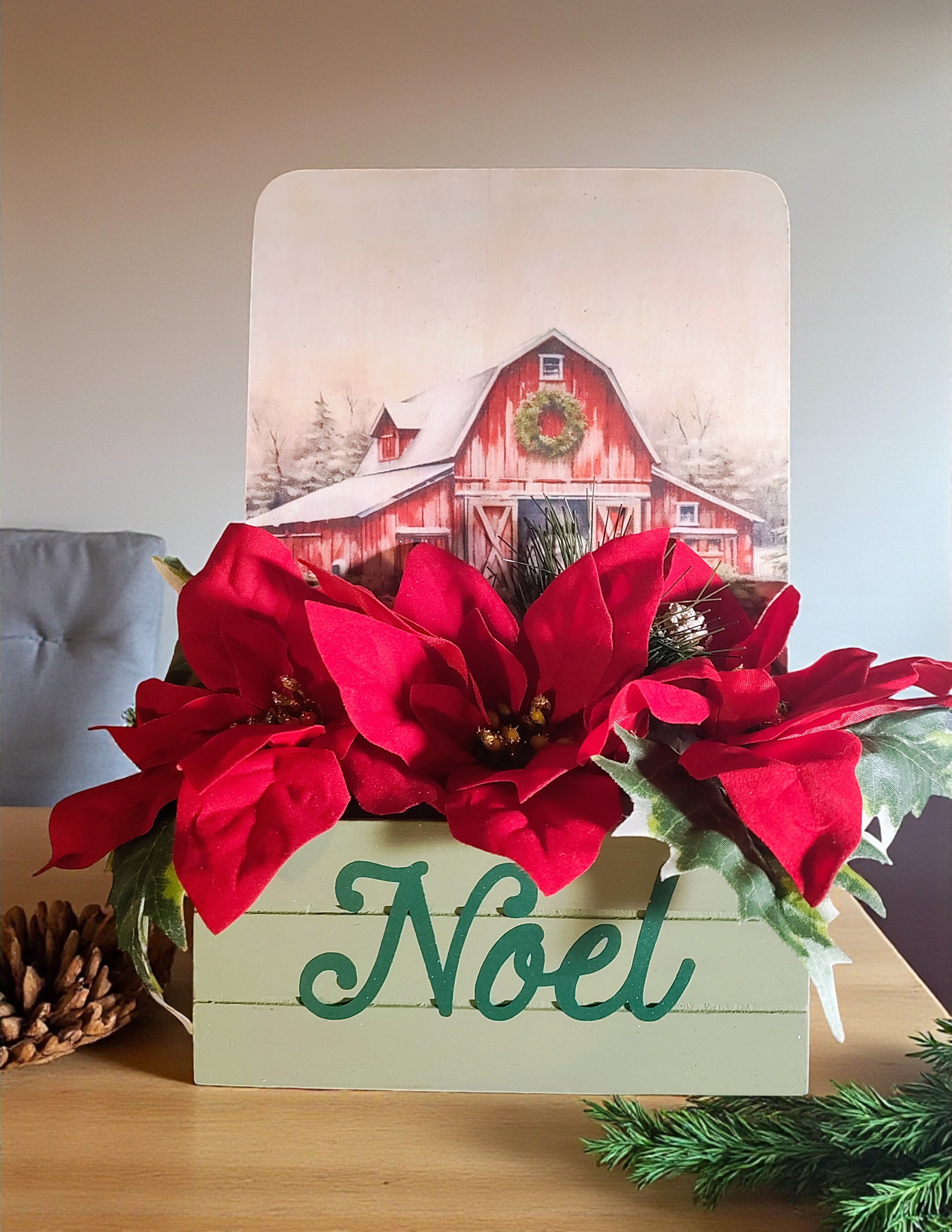 Winter Scene Poinsettia Floral Arrangement in Wood Decoupaged Planter