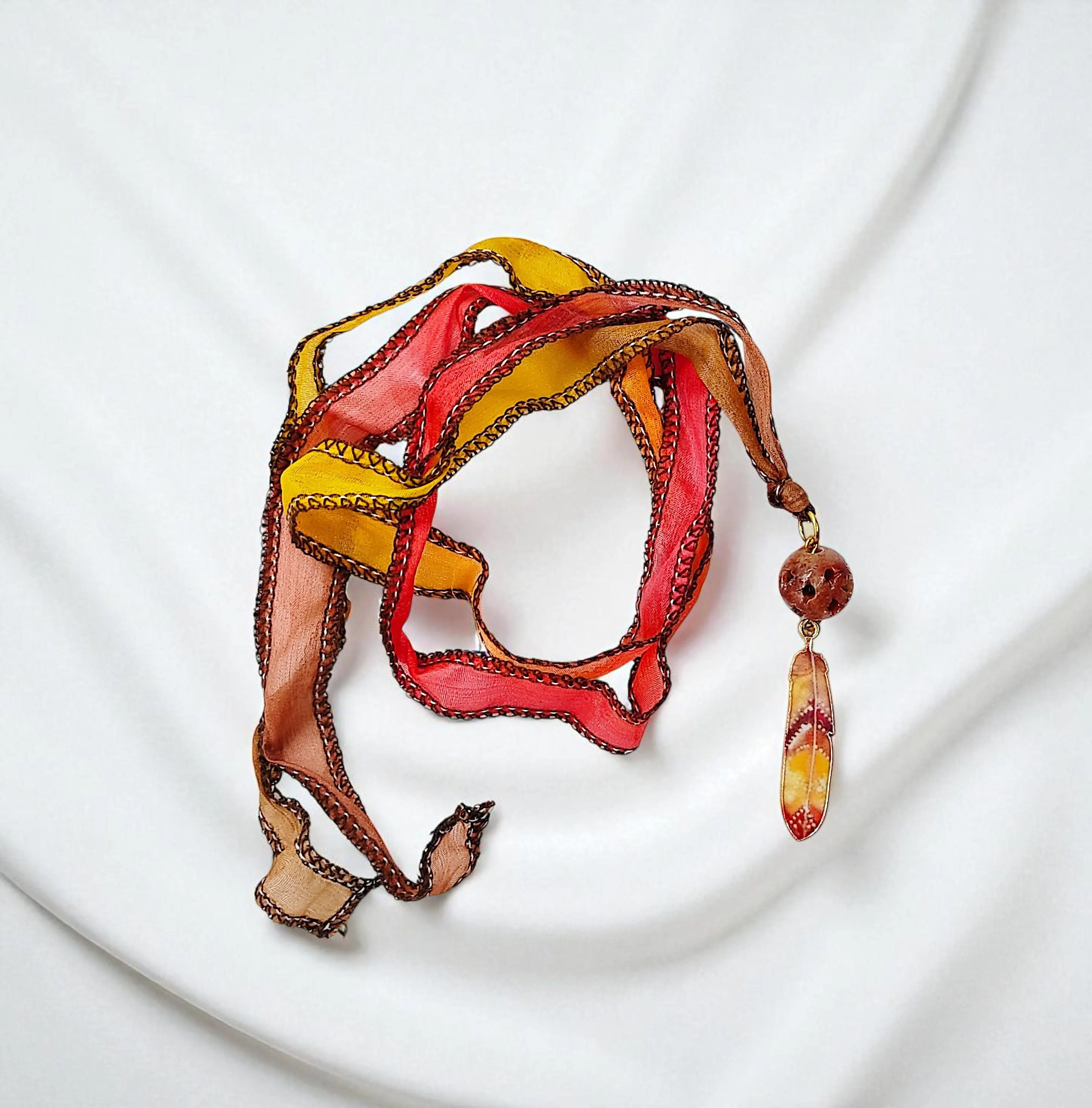 Handmade Carved Gemstone & Feather Multi Layered Silk Wrap Ribbon Bracelet 
