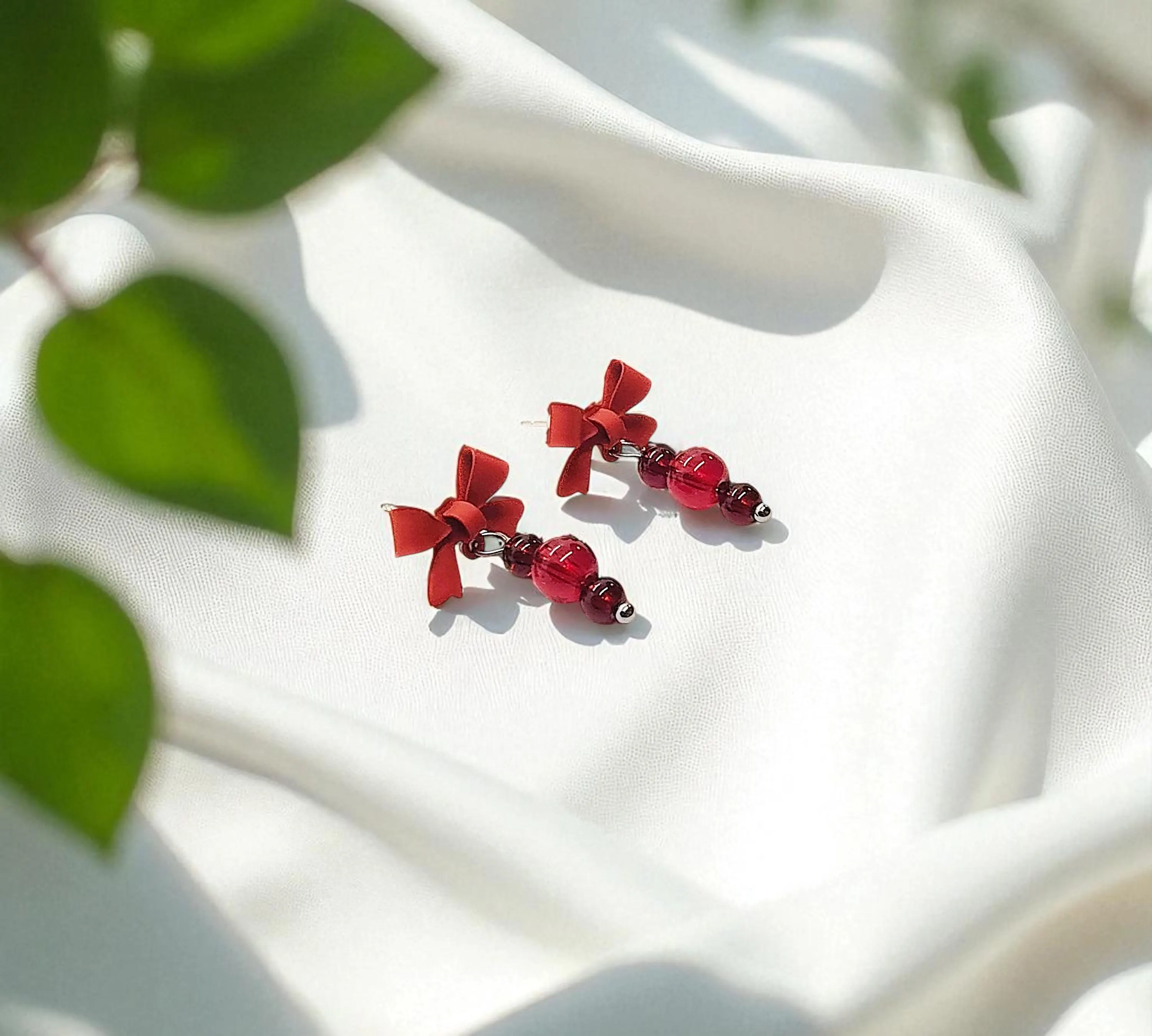 Handcrafted Red Garnet Gemstone Post Bow Earrings 