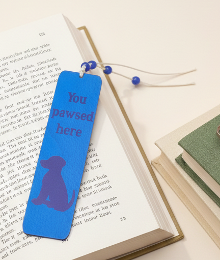 Handmade Wooden Blue You Pawsed Here Dog Bookmark with Gemstones