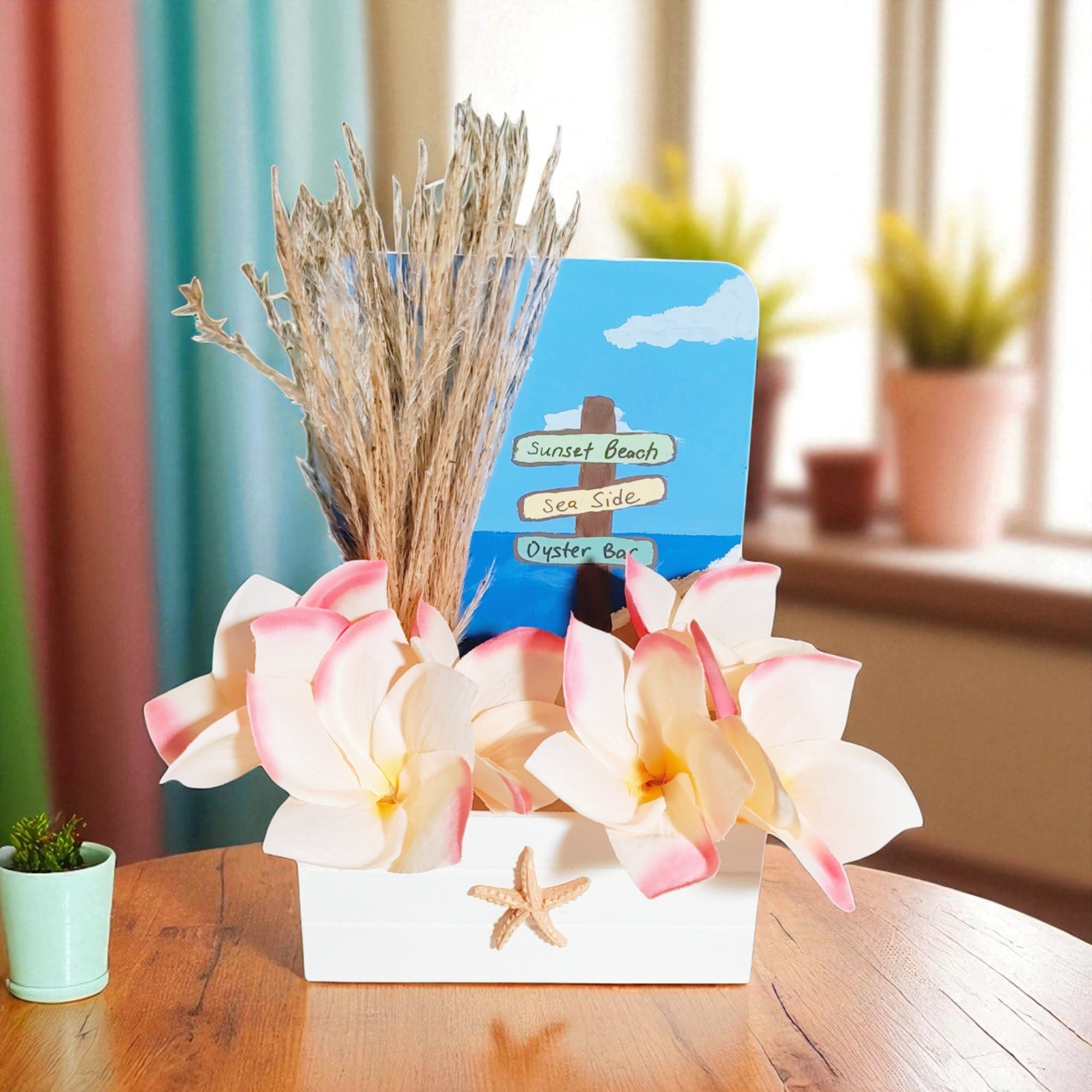 Summer Beach Artificial Flower Arrangement in Wooden Hand Painted Planter