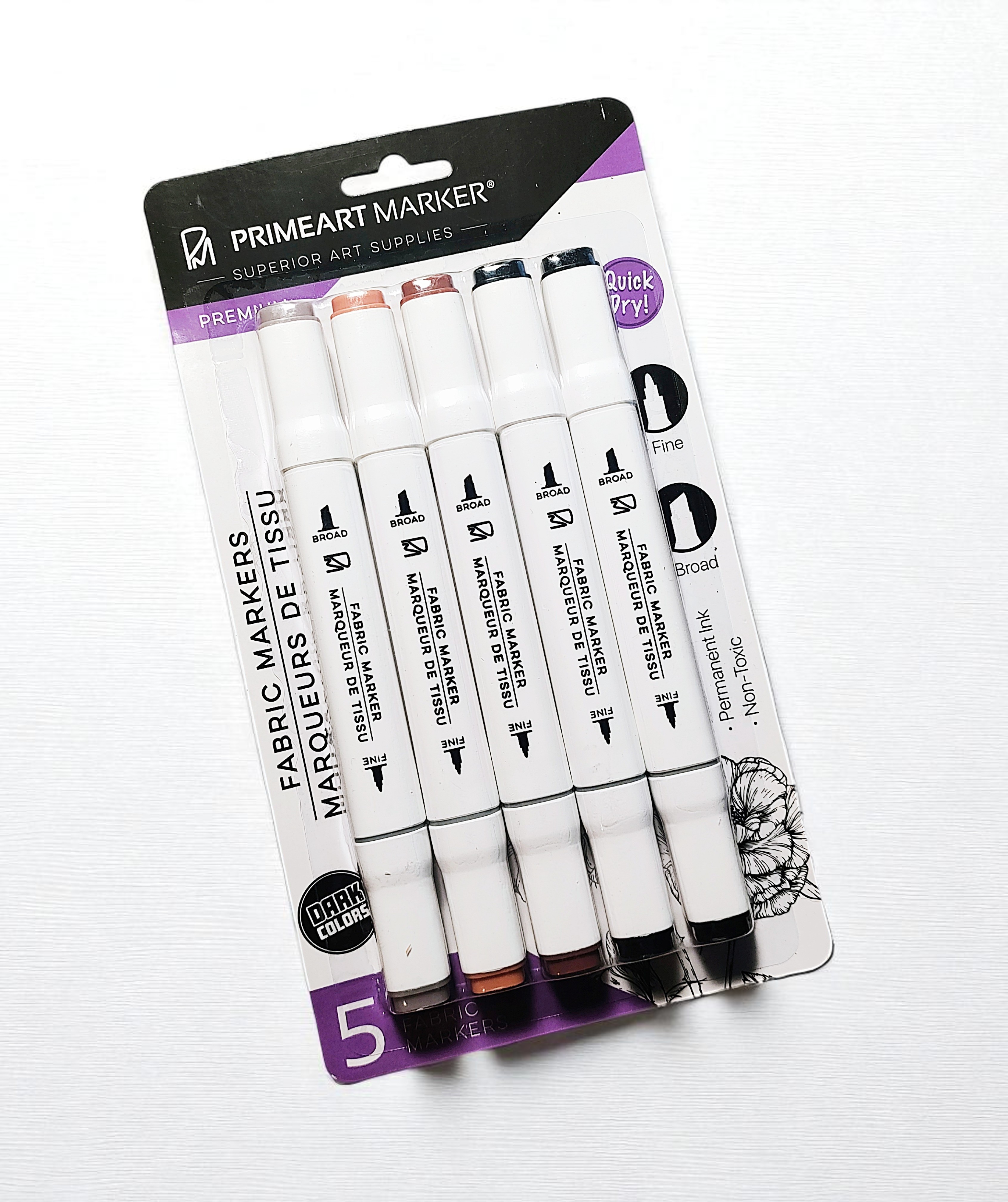 PrimeArt Fabric Markers, Fine & Broad Tips, Dark Colors
