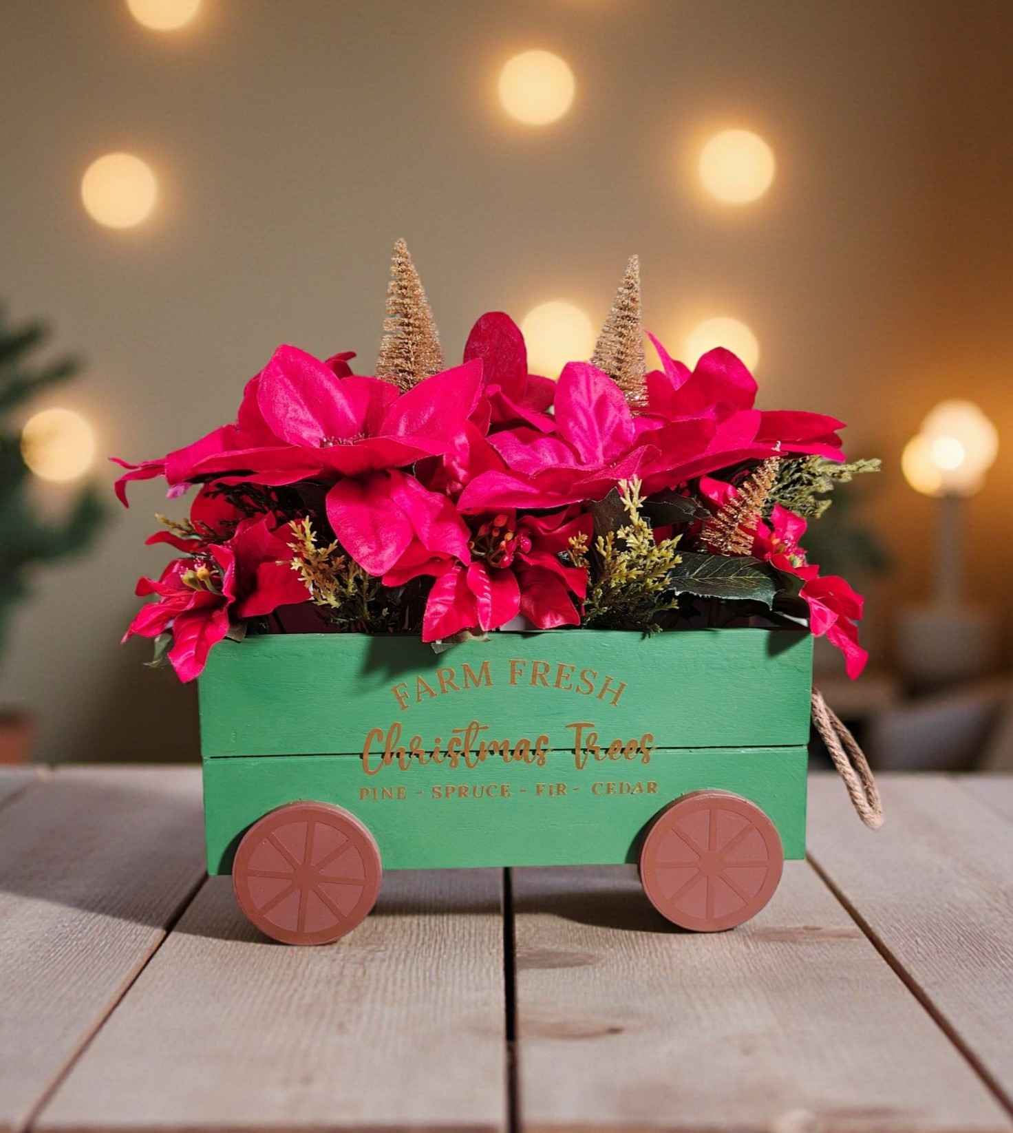 Farm Fresh Christmas Trees Wooden Wagon Poinsettia Floral Arrangement 