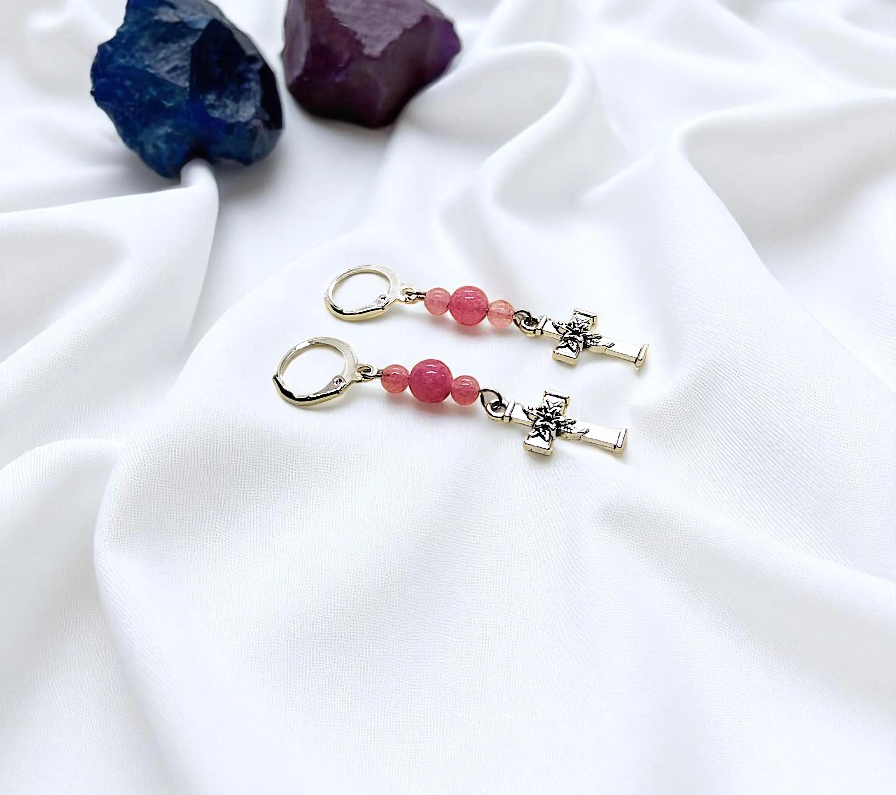 Cross Dangle Earrings with Pink Gemstones