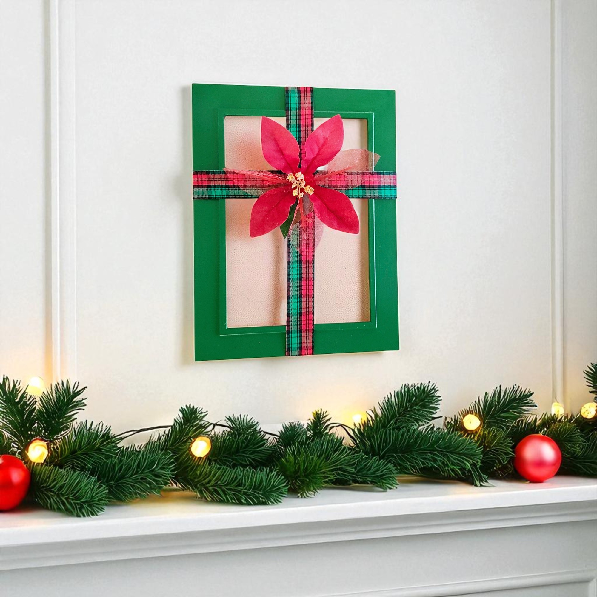 Christmas Ribbon Cross Frame Wall Hanging with Poinsettia