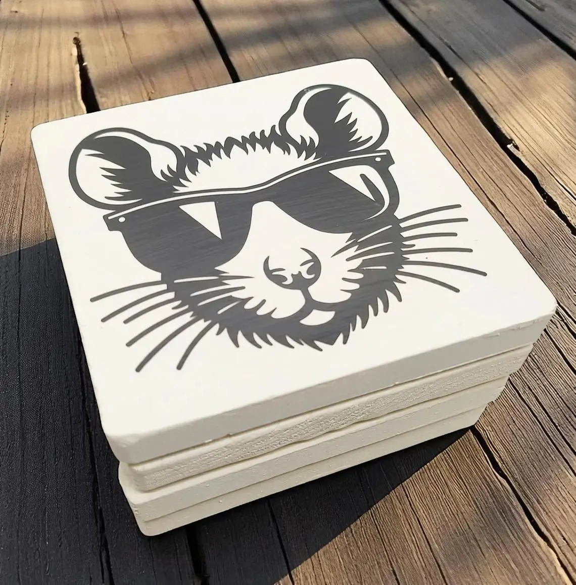 Hand Painted Cool Fancy Rat with Sunglasses Coaster Set - Set of 4