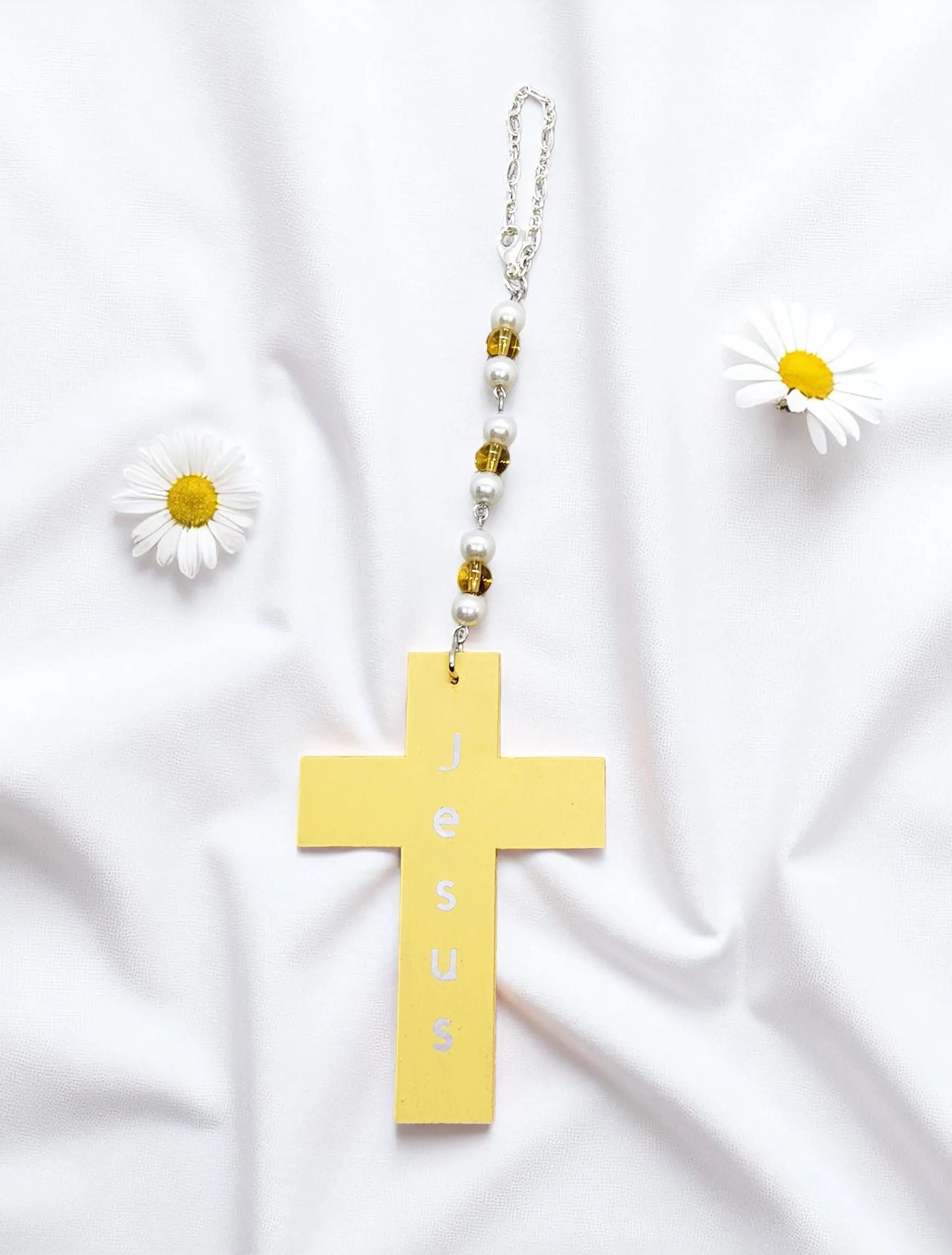 Wooden Christian Cross & Pearl, Citrine Gemstone Rearview Mirror Car Charm