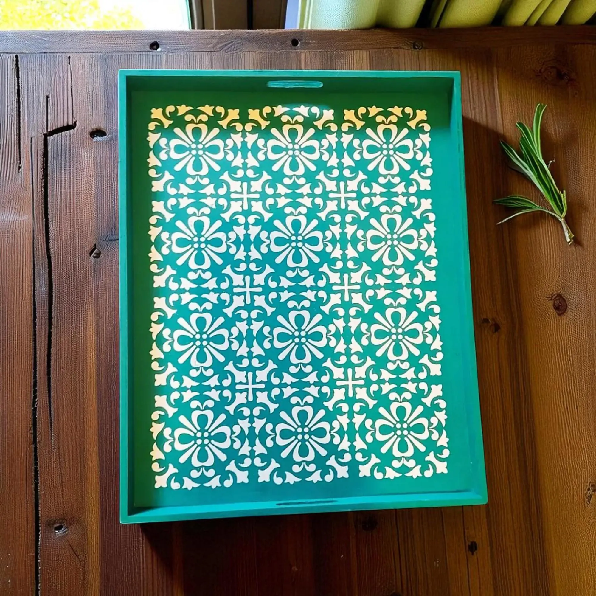 Hand Painted Teal Wooden Ottoman Tray